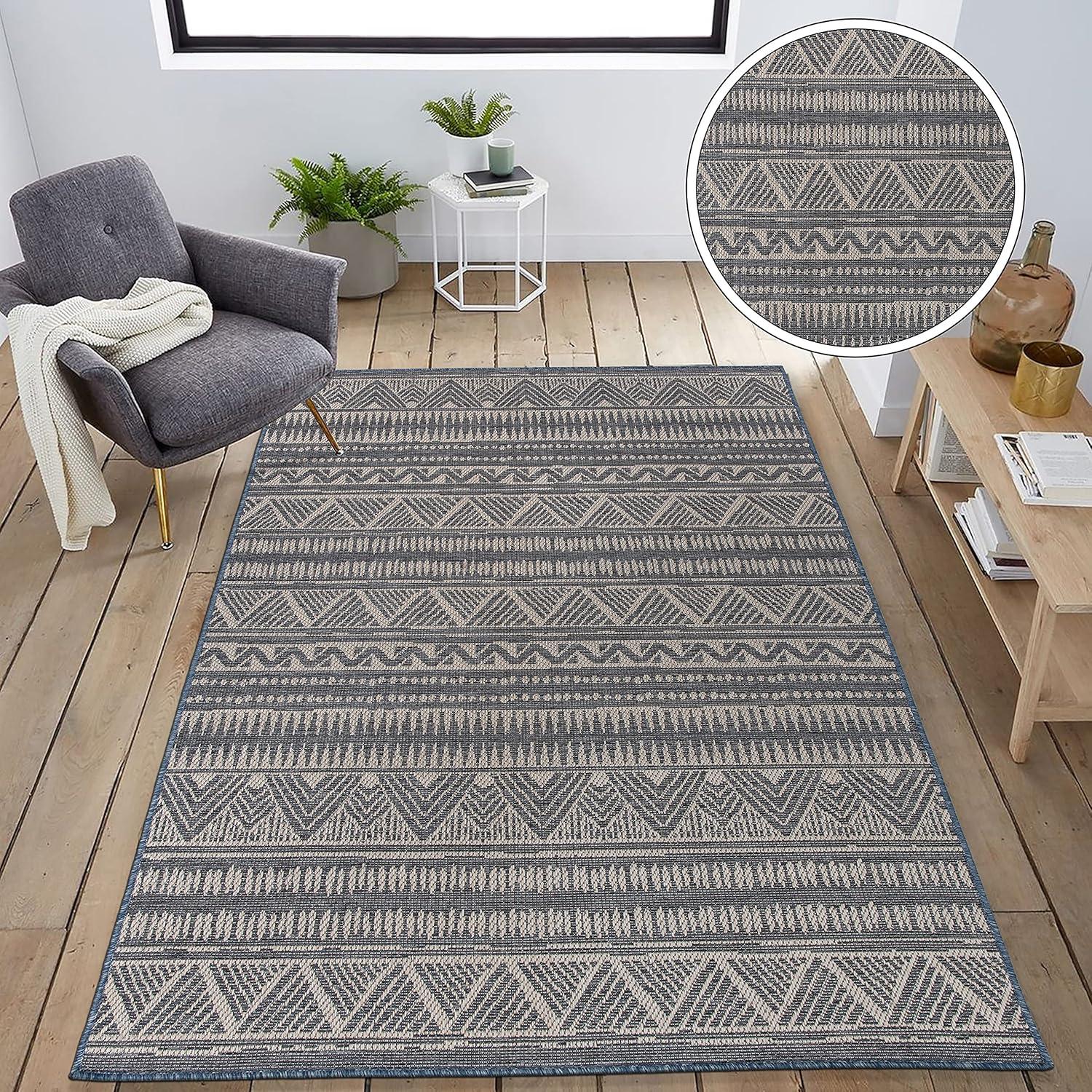 Bohemian Bliss Blue Geometric 5' x 7' Easy-Care Outdoor Rug