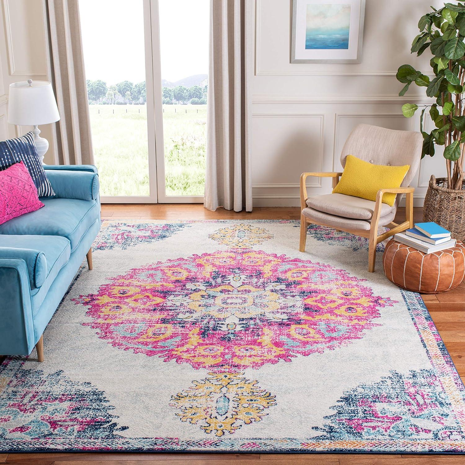 Ivory and Fuchsia Distressed Medallion 8' x 10' Area Rug