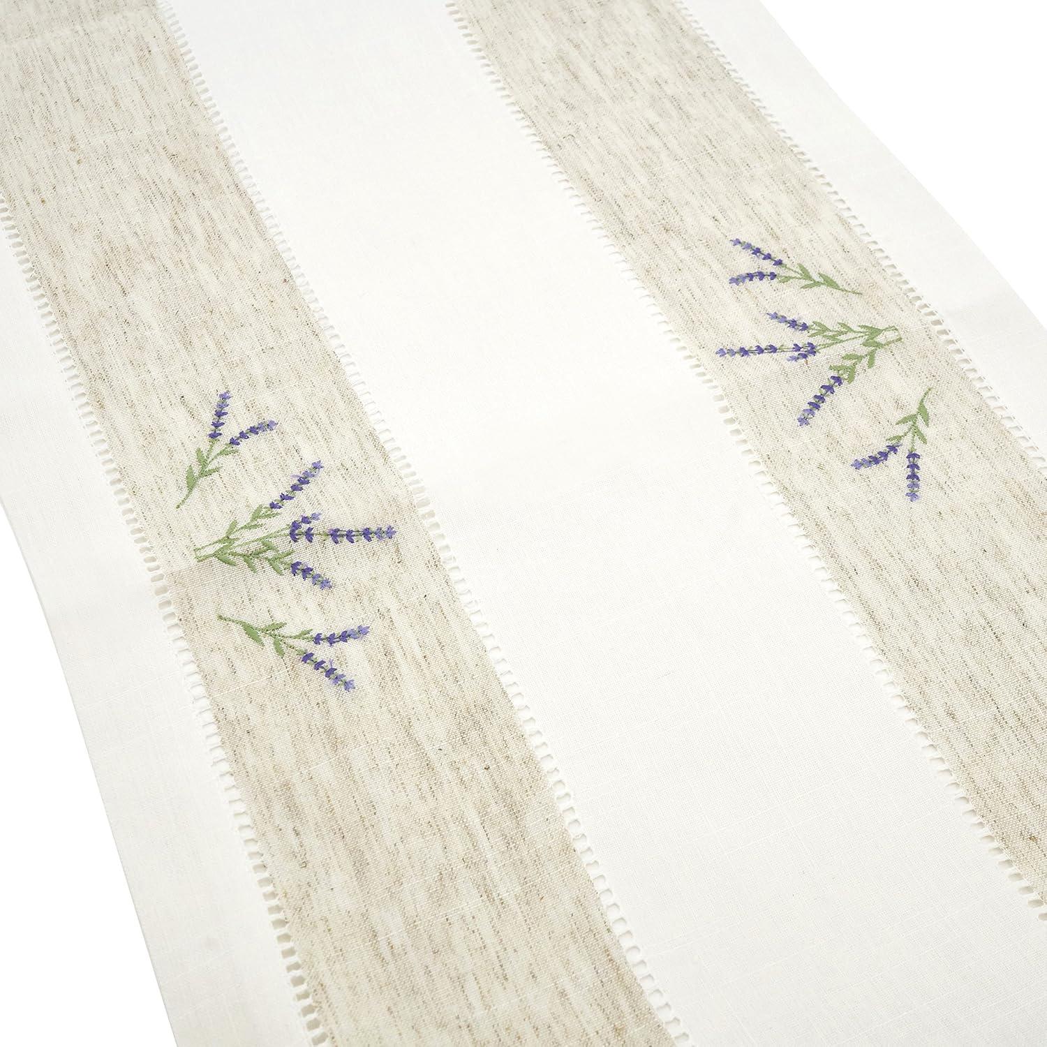 Saro Lifestyle Embroidered Lavender Hemstitch Runner, Ivory, 15" x 70"