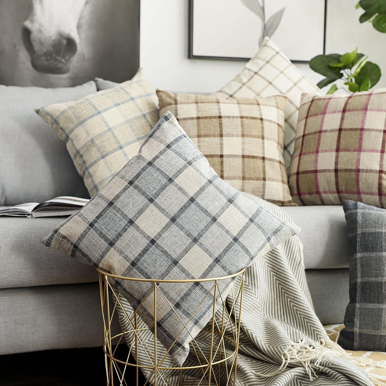 UGASA Pack of 2 Classic Retro Checkered Plaids Cotton Linen Soft Decorative Square Throw Pillow Covers Home Decor Design Cushion Case for Sofa, 18x18inch, Light Grey + Blue