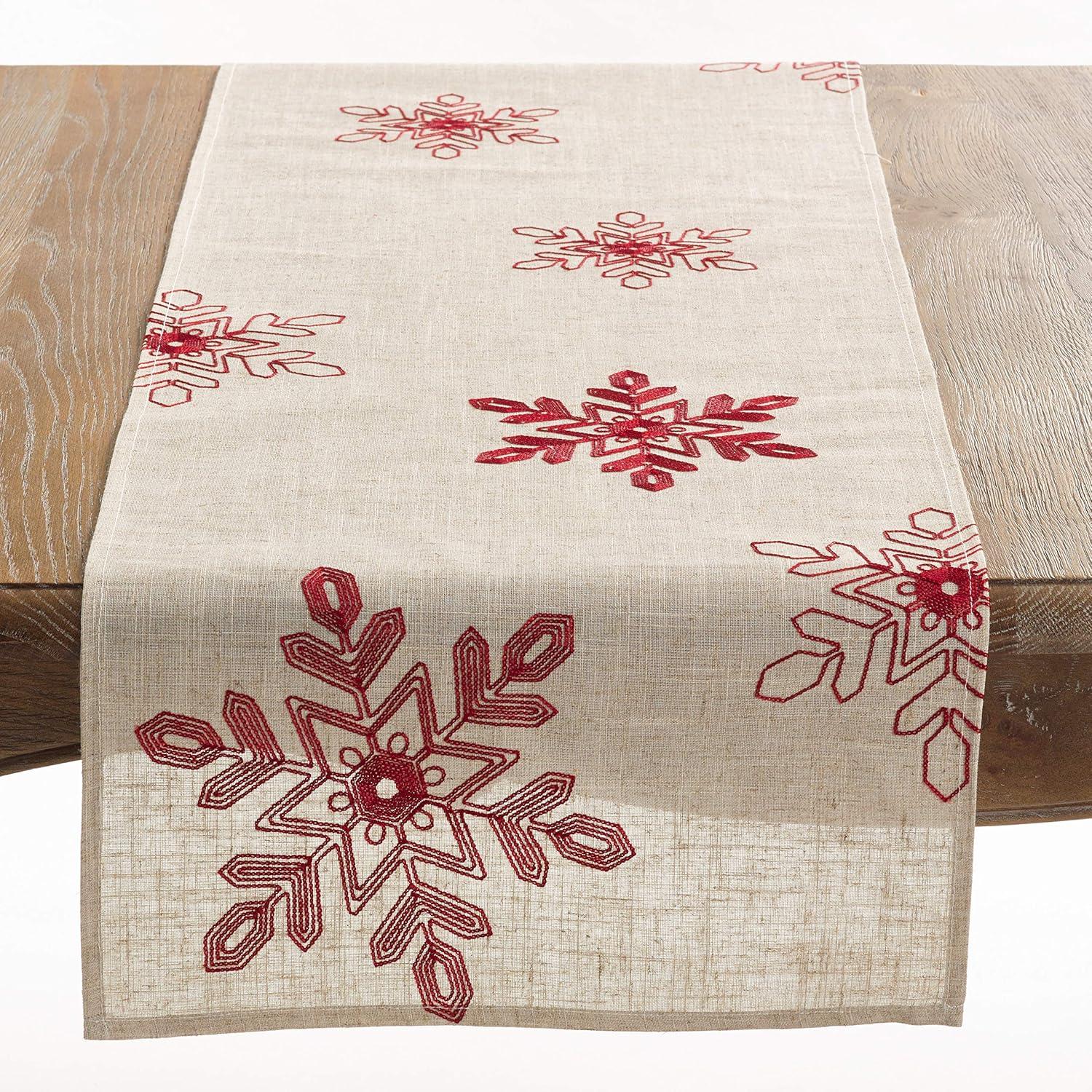 16" X 90" Snowflake Runner Red - SARO Lifestyle: Embroidered, Festive, Polyester, Rectangular