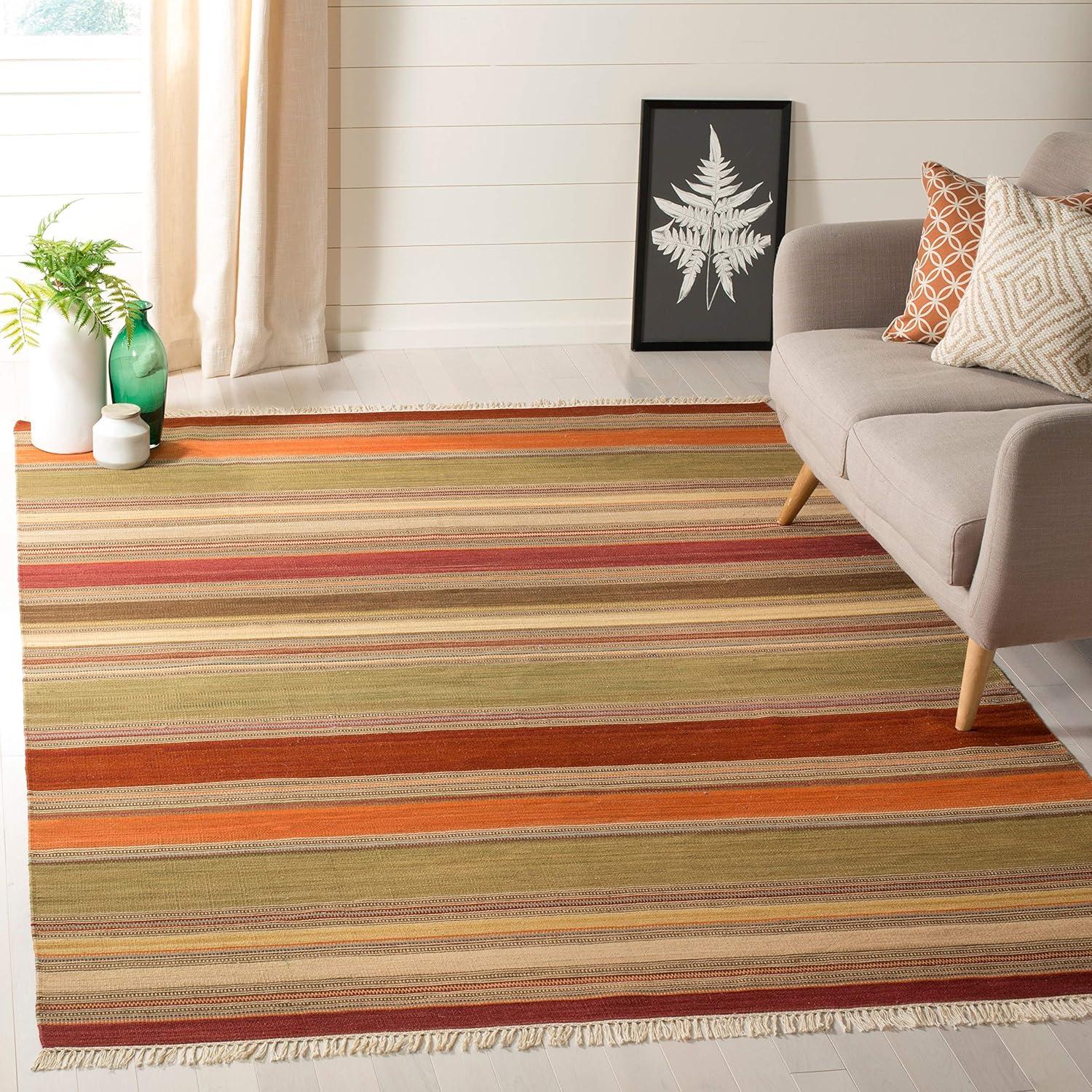 Handmade Square Flat Woven Striped Kilim Rug in Red Wool and Cotton