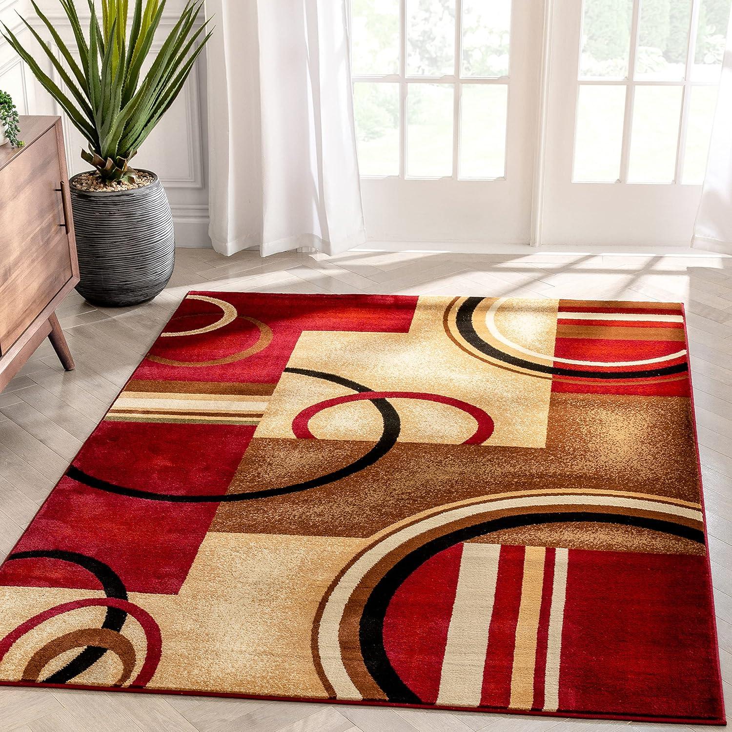 Red and Beige Geometric Synthetic Area Rug 3'11" x 5'3"