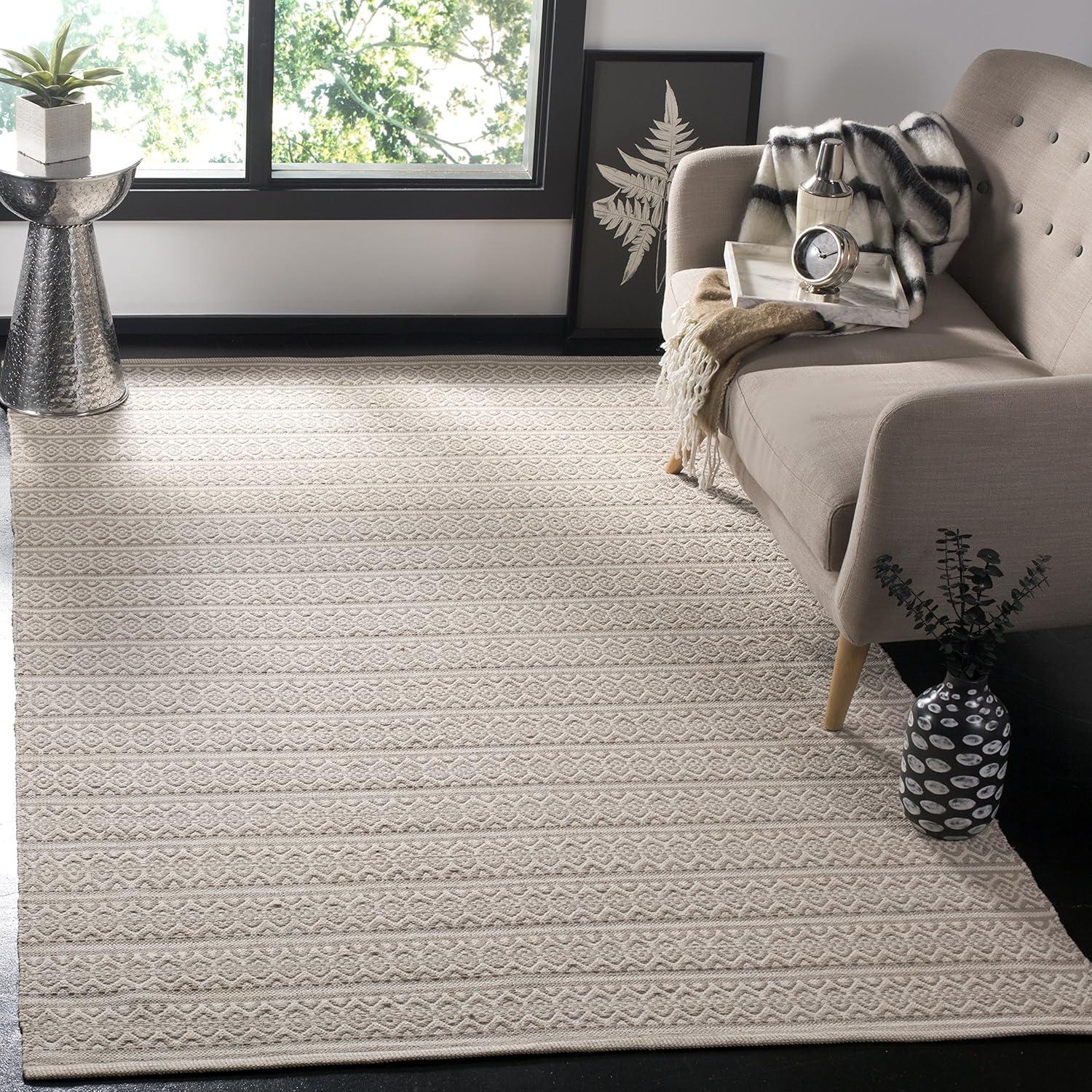 Ivory and Grey 9' x 12' Handwoven Wool and Cotton Striped Area Rug