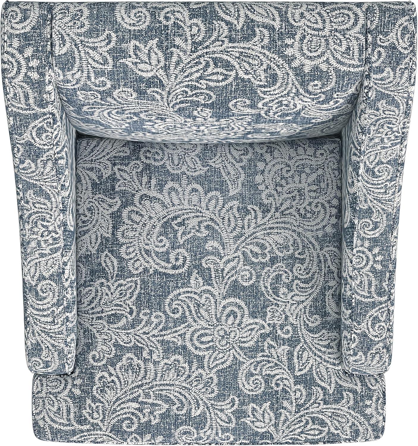 Blue Denim Jacobean Print Swoop Arm Accent Chair with Wood Legs