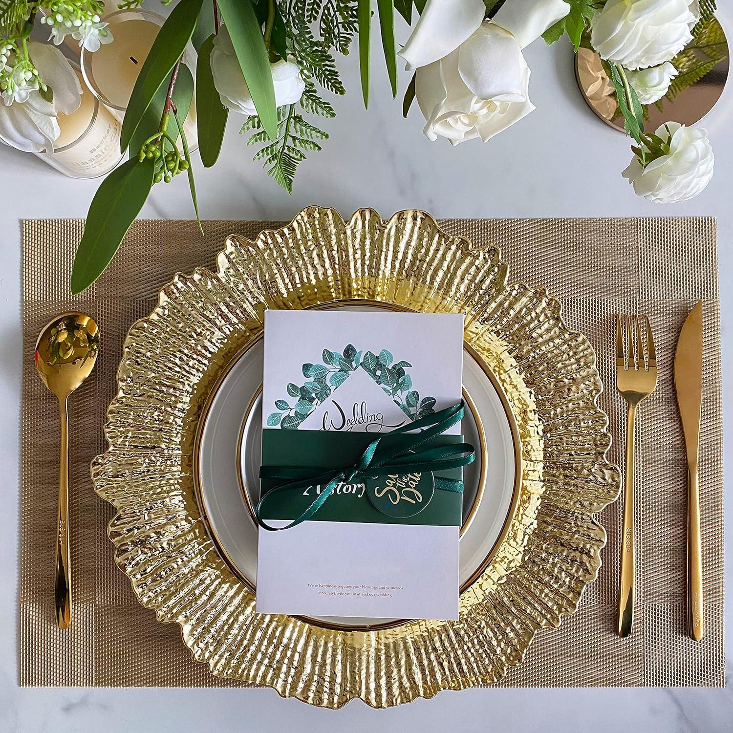 Craft and Party Charger Plate, 6 pcs 13" Round Gold Plastic Reef Charger Plate For Weddings And Elegant Settings With A Metallic Finish