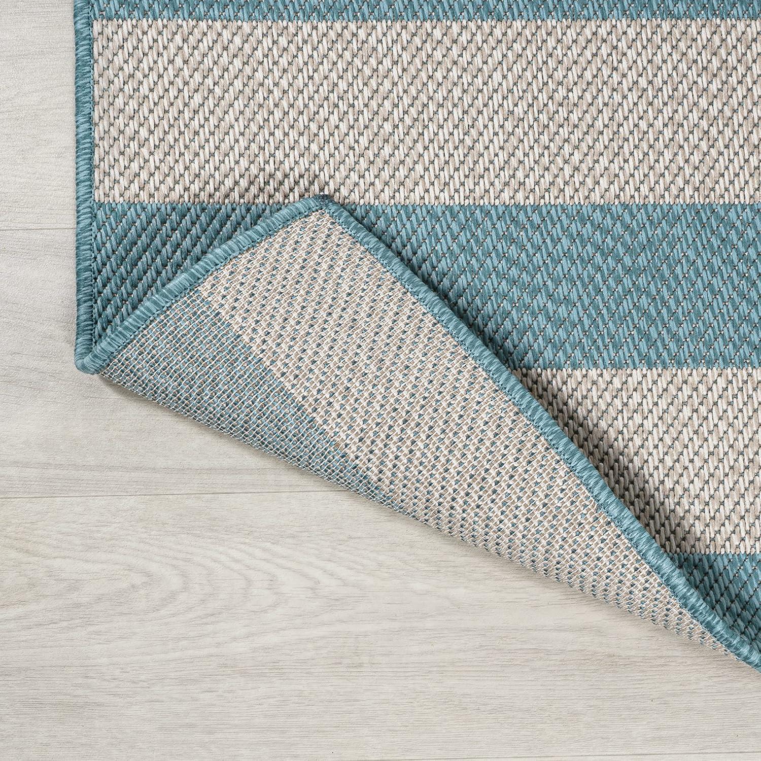 Aqua and Cream Wide Stripe Synthetic Indoor/Outdoor Rug 3x5