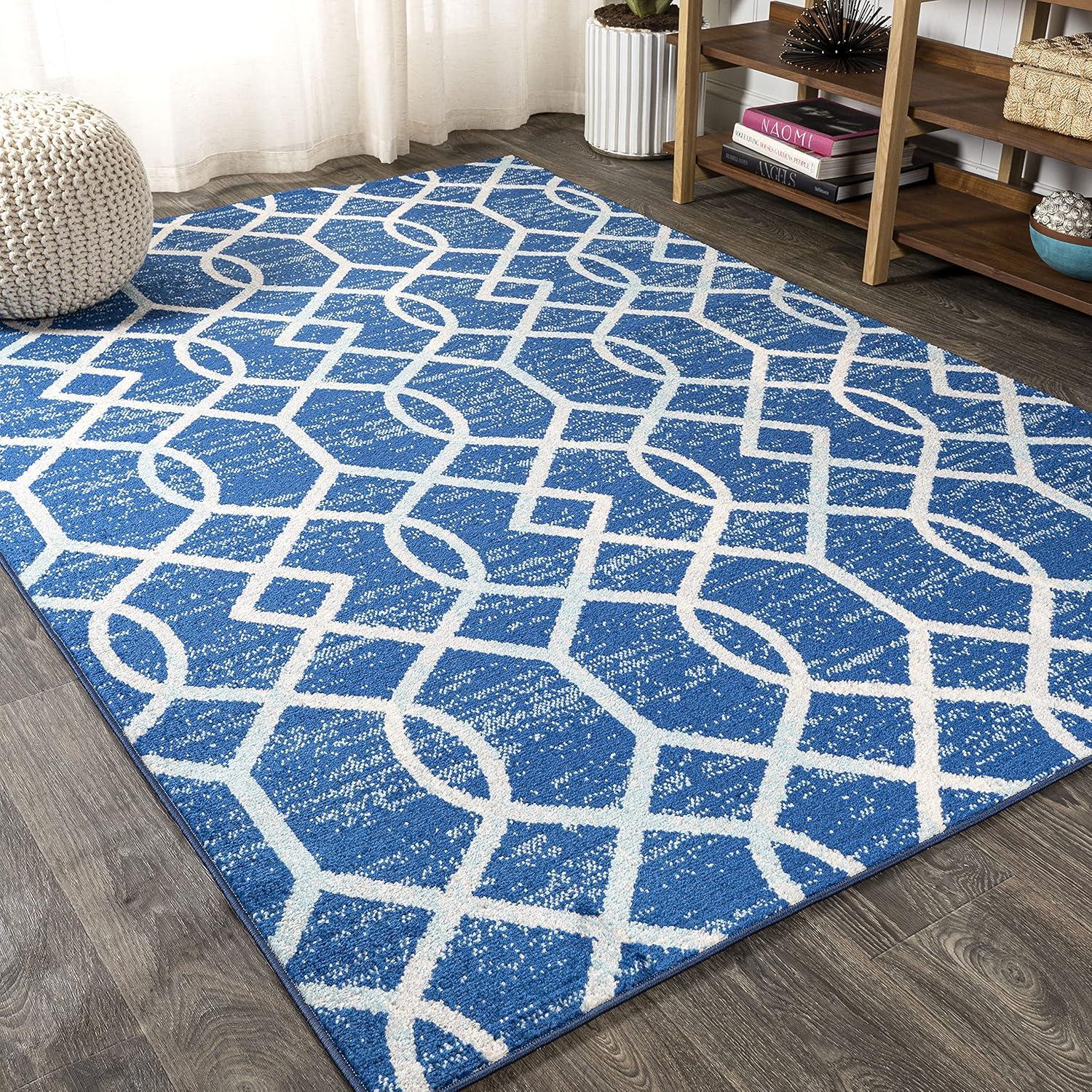 Blue and Gray Reversible Synthetic Trellis Area Rug, 4' x 6'