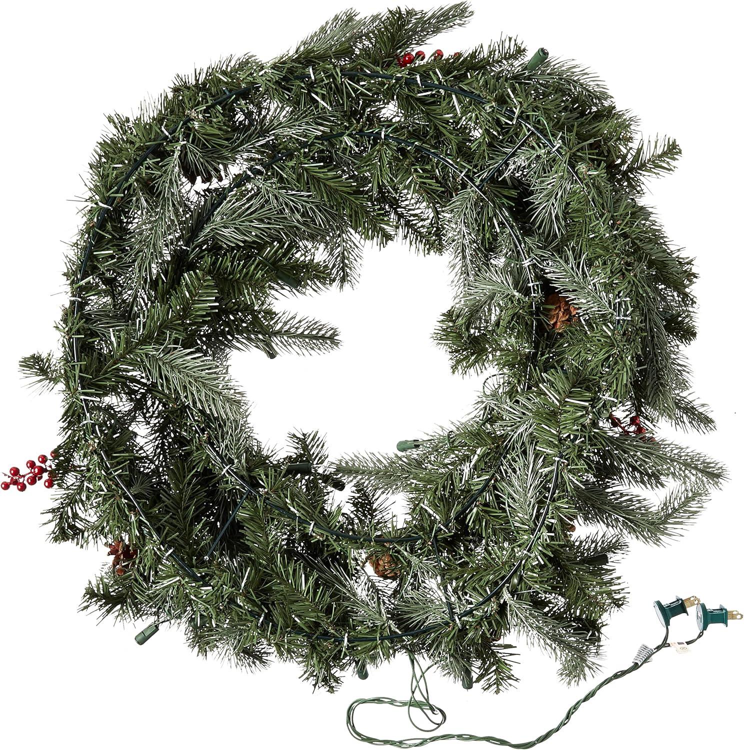 Nearly Natural 30” Lighted Pine Wreath w/Berries & Pine Cones