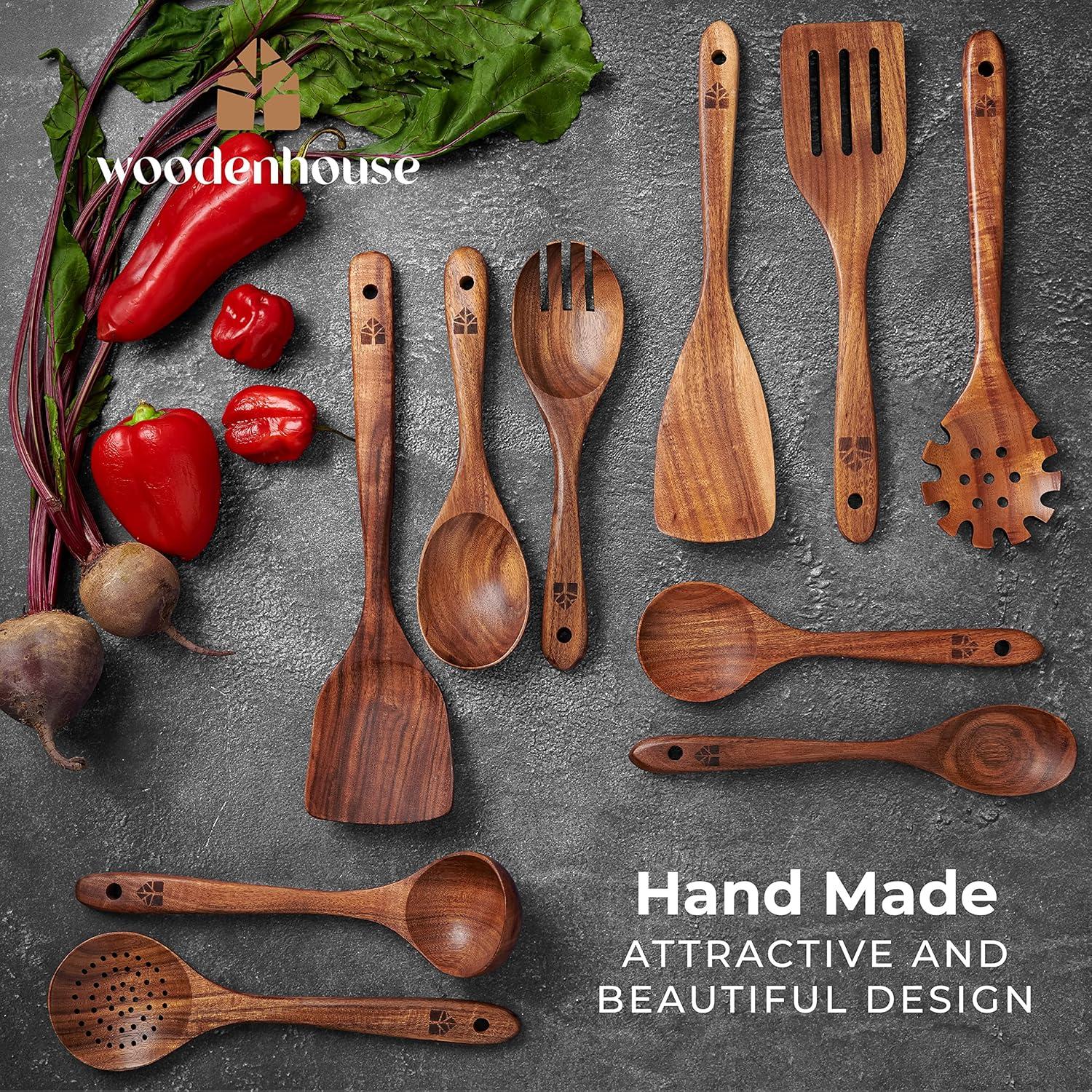 Wooden Spoons for Cooking, 10 Pcs Teak Wood Cooking Utensil Set ‚ Wooden Kitchen Utensils for Nonstick Pans & Cookware ‚ Sturdy, Lightweight & Heat Resistant