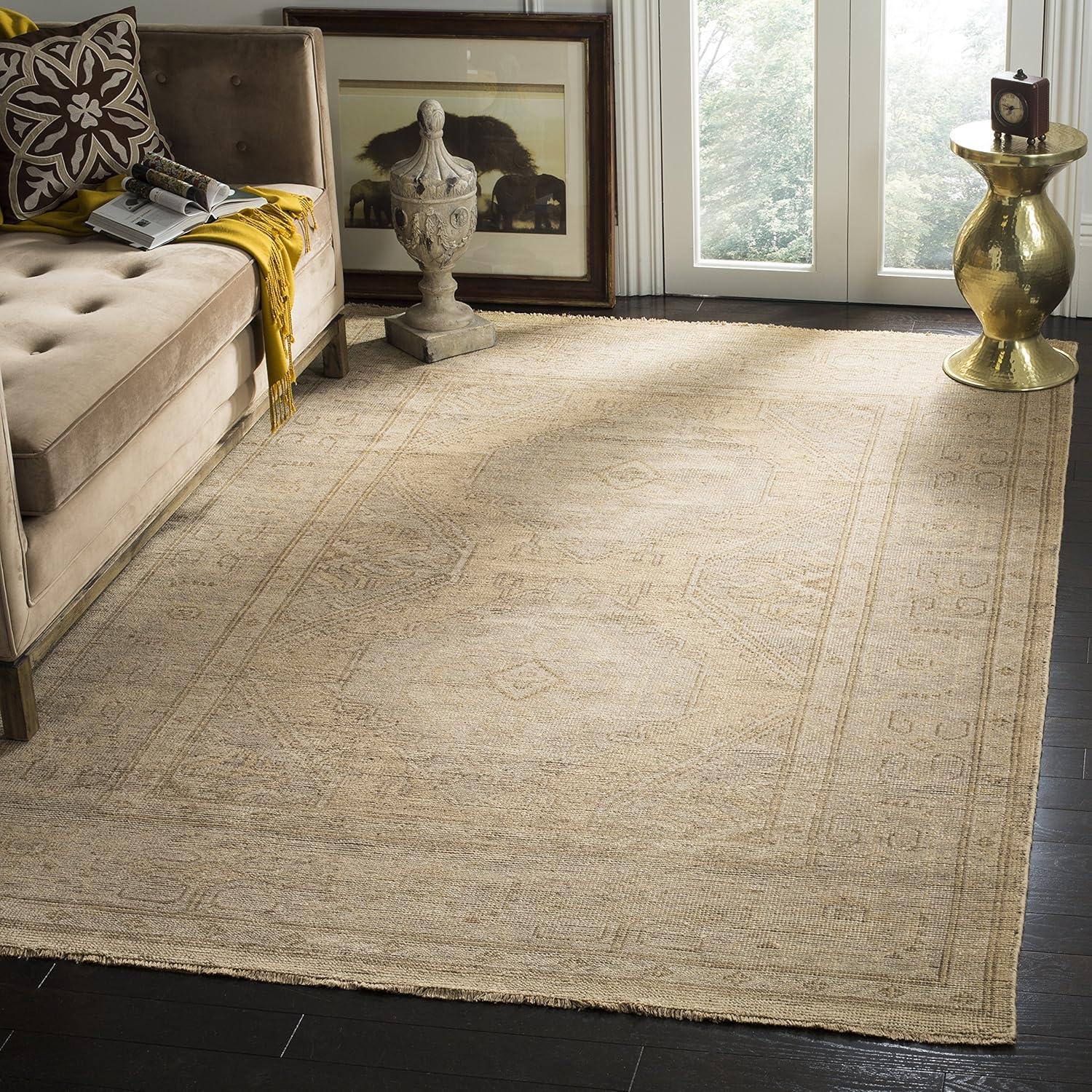 Hand-Knotted Beige and Gray Wool Area Rug 8' x 10' with Persian Inspiration