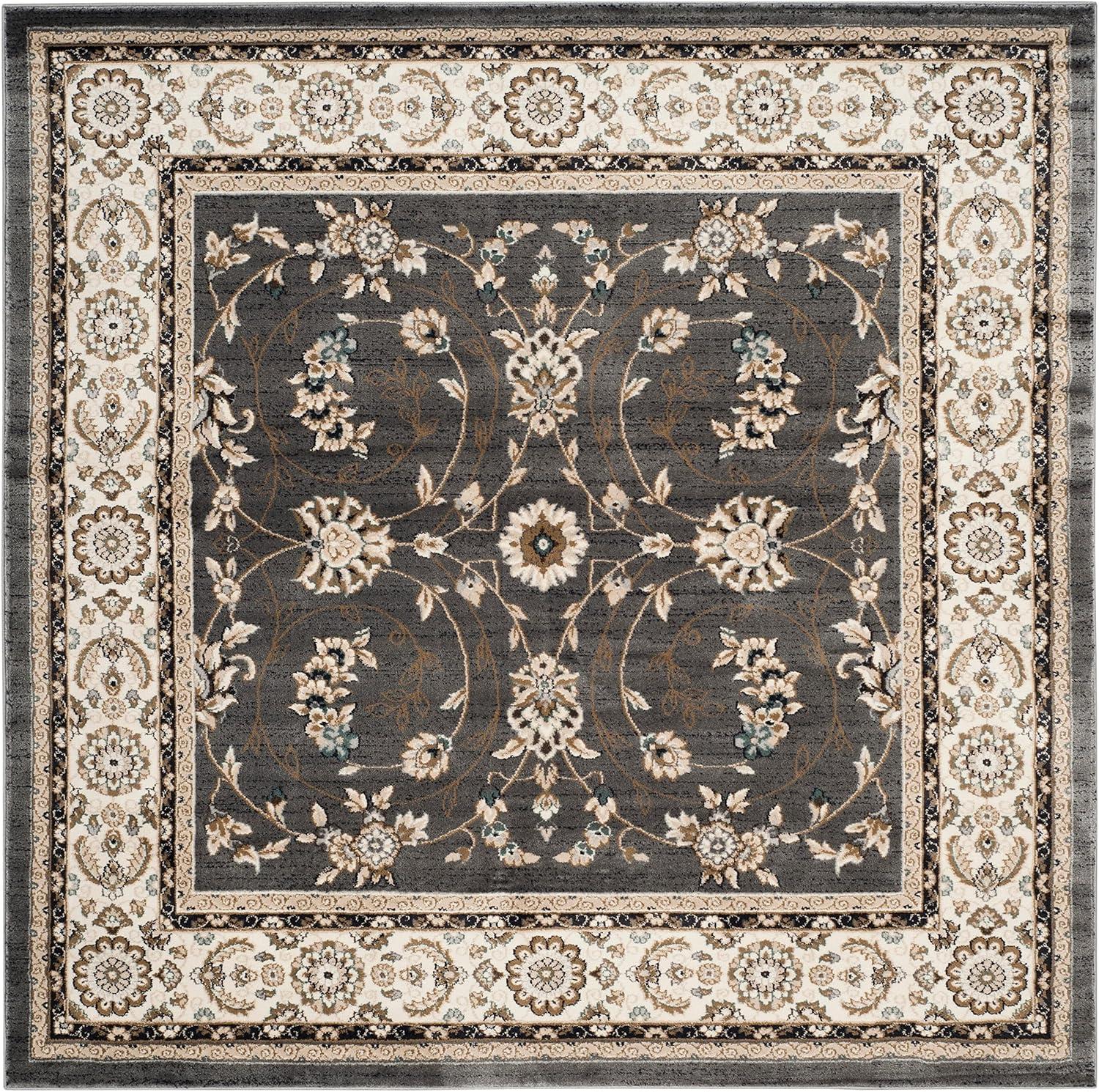 Grey and Cream Floral Square Synthetic Area Rug