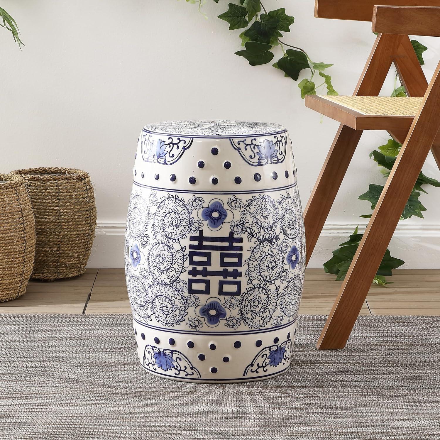 Double Happiness 18" Chinoiserie Ceramic Drum Garden Stool - JONATHAN Y