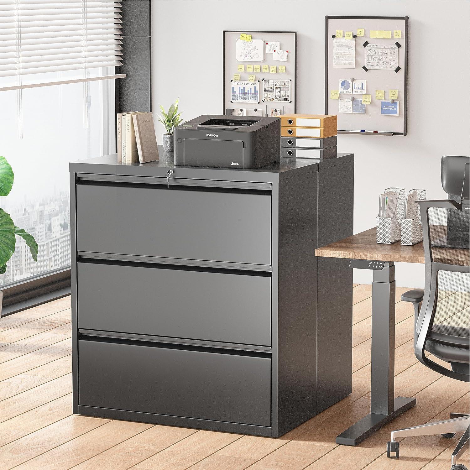 Black Metal 3-Drawer Lockable Lateral File Cabinet