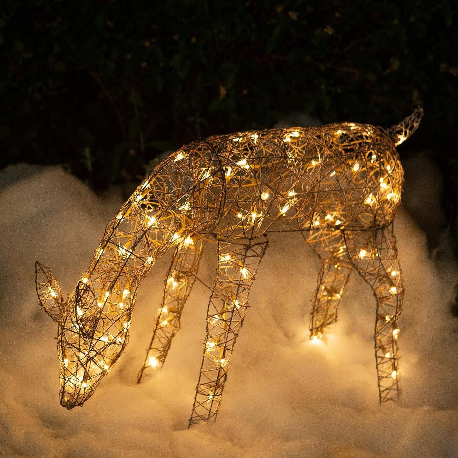 Alpine Corporation Grazing Rattan Reindeer Decoration with White Halogen Lights