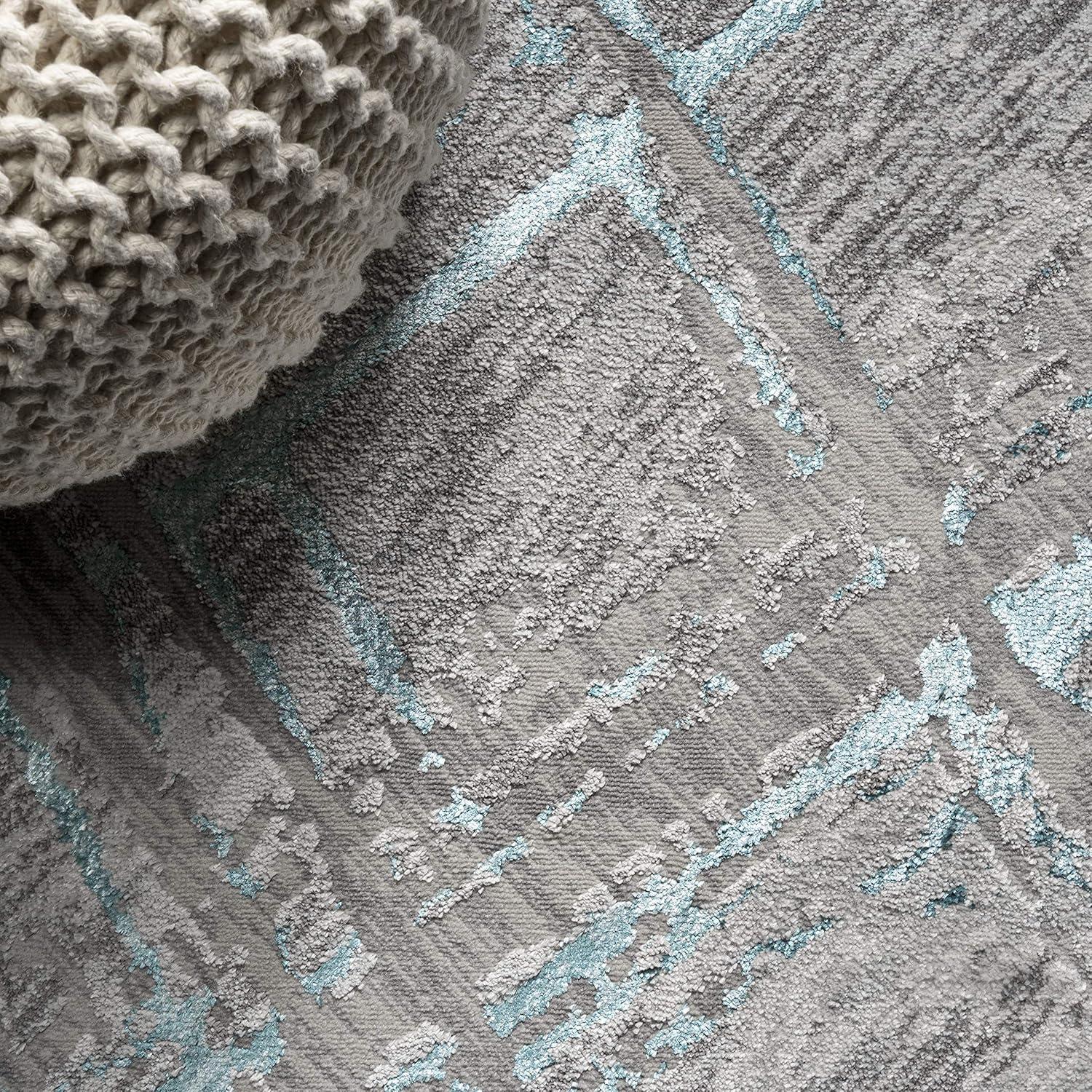 Modern Abstract Gray and Turquoise 8' x 10' Synthetic Area Rug