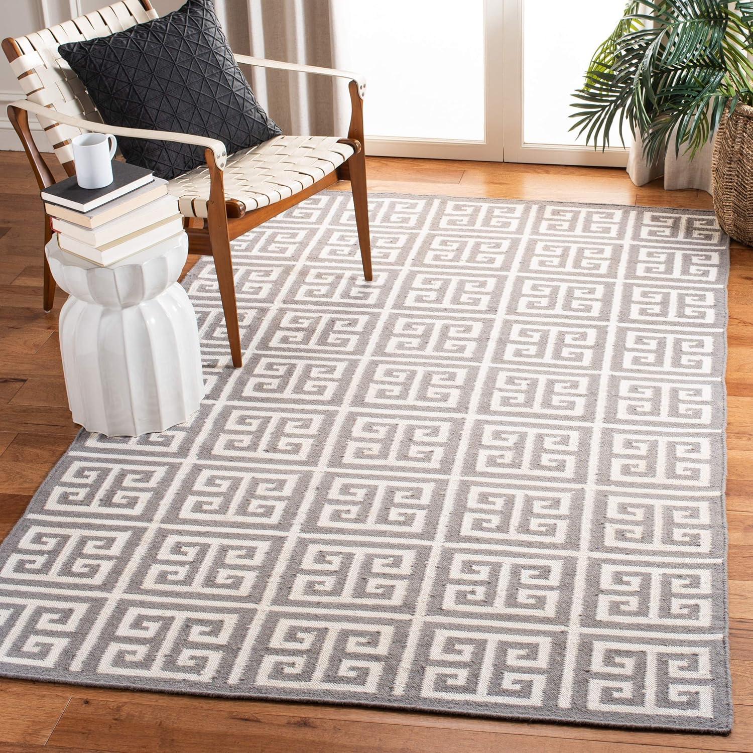 Grey and Ivory Geometric 7' Square Wool Area Rug