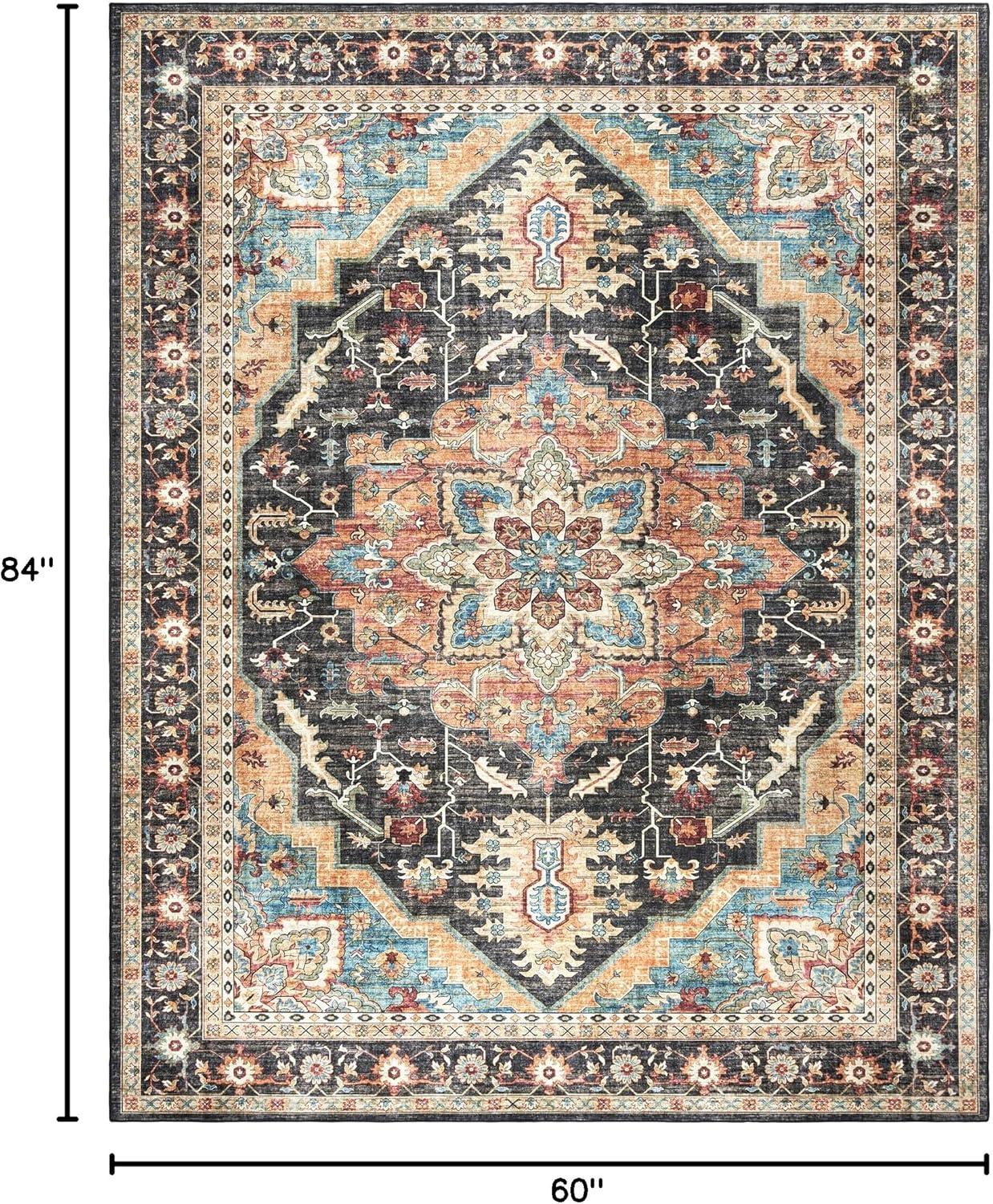 Gertmenian Crystal Print Tiefi Black Beige Multi Traditional Medallion Washable Flat Pile Indoor Area Rug