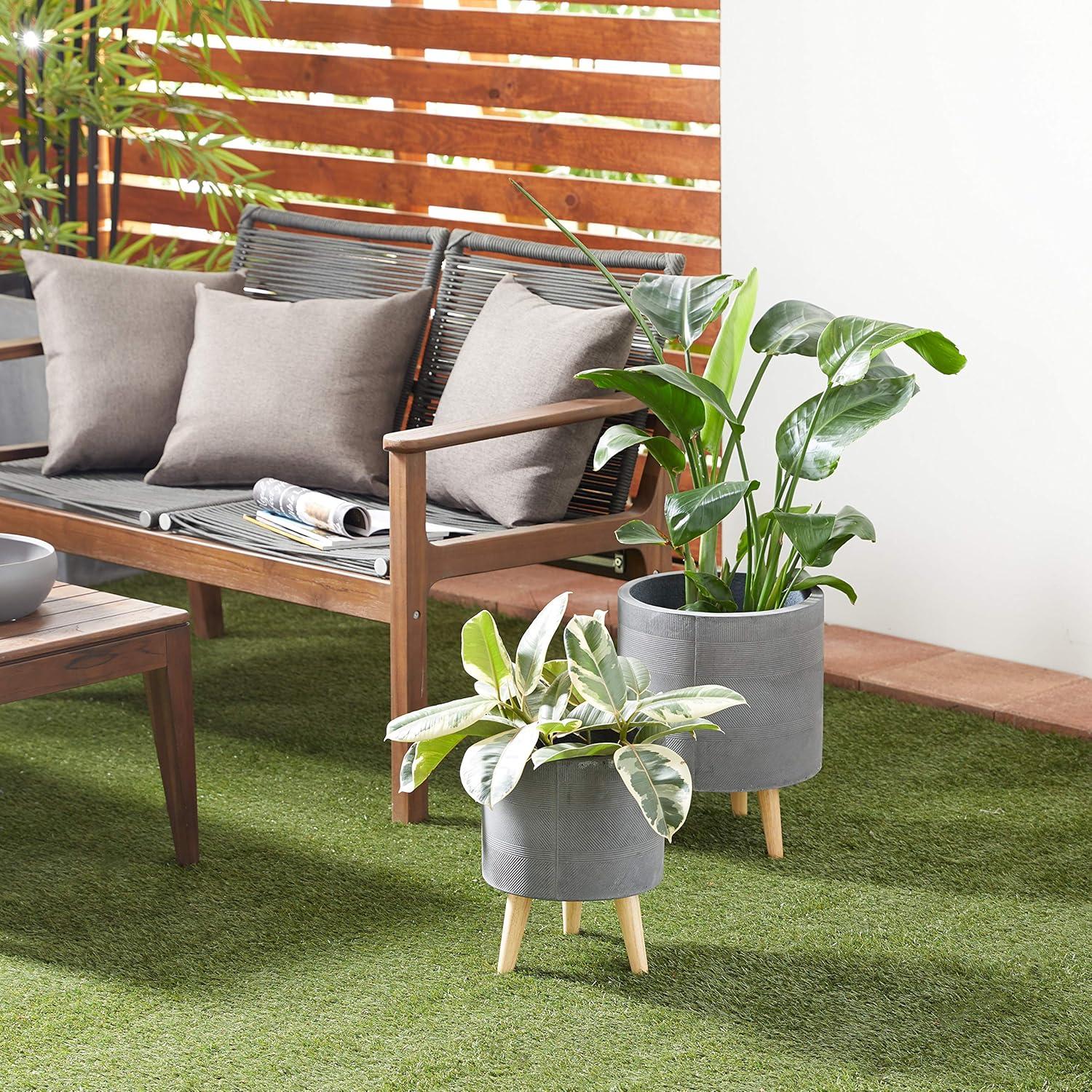 Gray Ceramic Indoor Outdoor Planter Set with Wood Legs