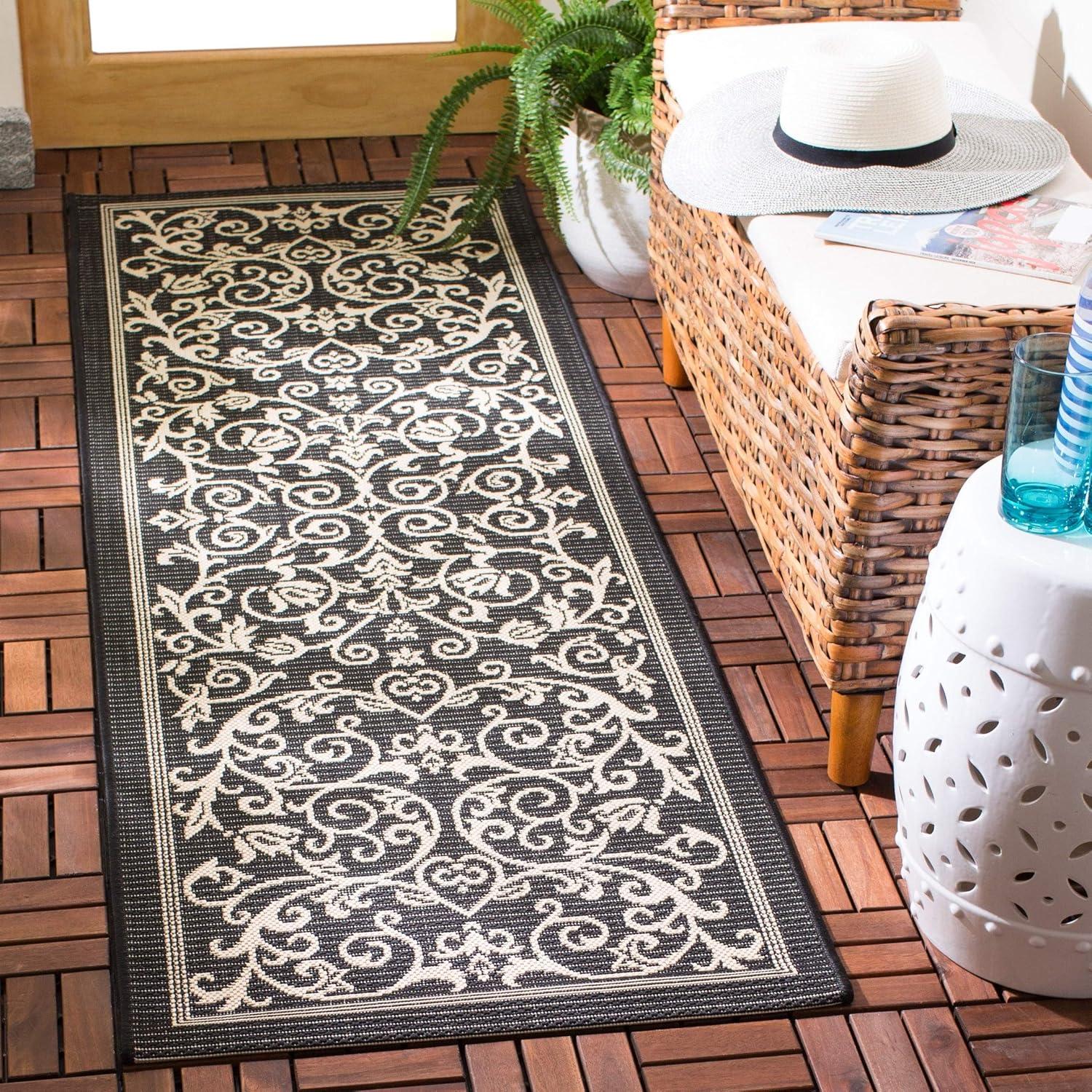 Gray Baroque Print Rectangular Synthetic Outdoor Rug