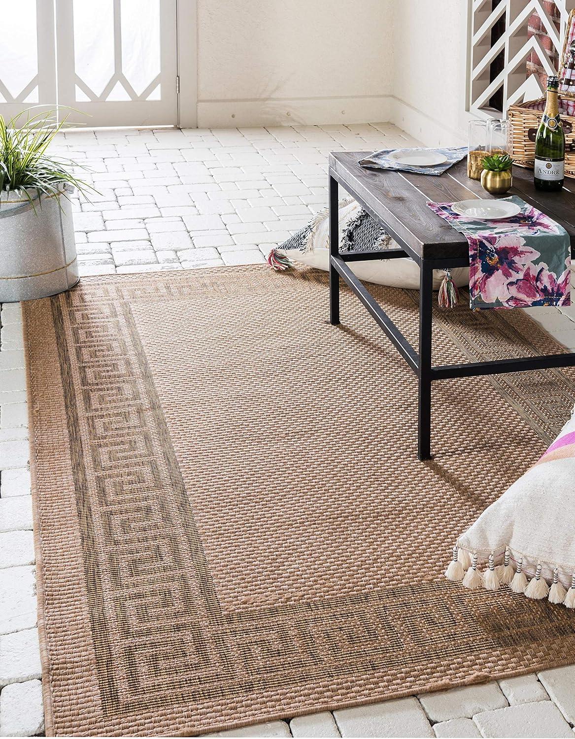 Unique Loom Outdoor Border Collection Area Rug - Greek Key (6' 1" x 9' Rectangle Light Brown/Tan)