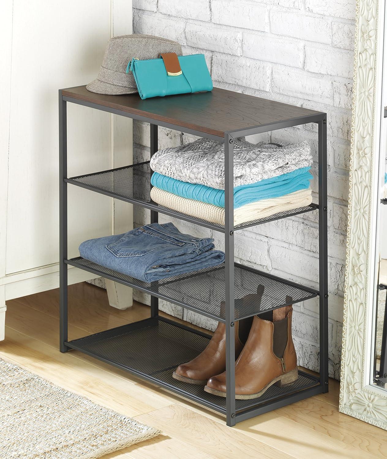 Gray Wood and Metal 4-Tier Mesh Shelf