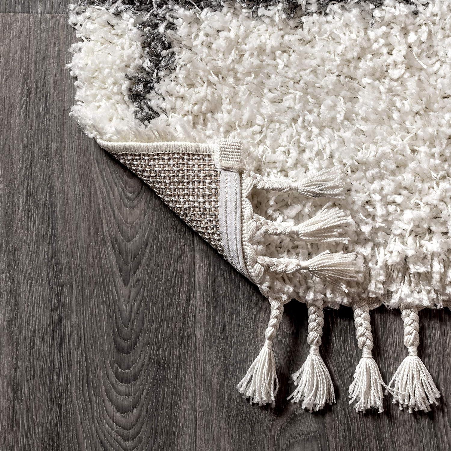 8'x10' Mercer Shag Plush Tassel Moroccan Geometric Trellis Area Rug, Cream/Grey - JONATHAN Y
