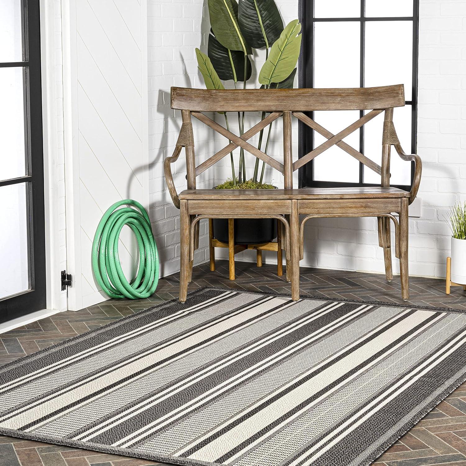 8' x 10' Haynes Modern Double Stripe Indoor/Outdoor Area Rug, Black/Cream - JONATHAN Y