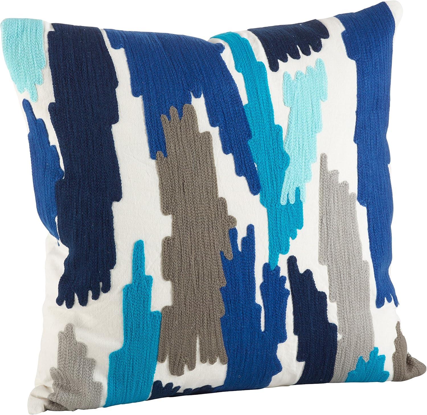 Ocean Blue Embroidered Brushstroke Cotton Throw Pillow