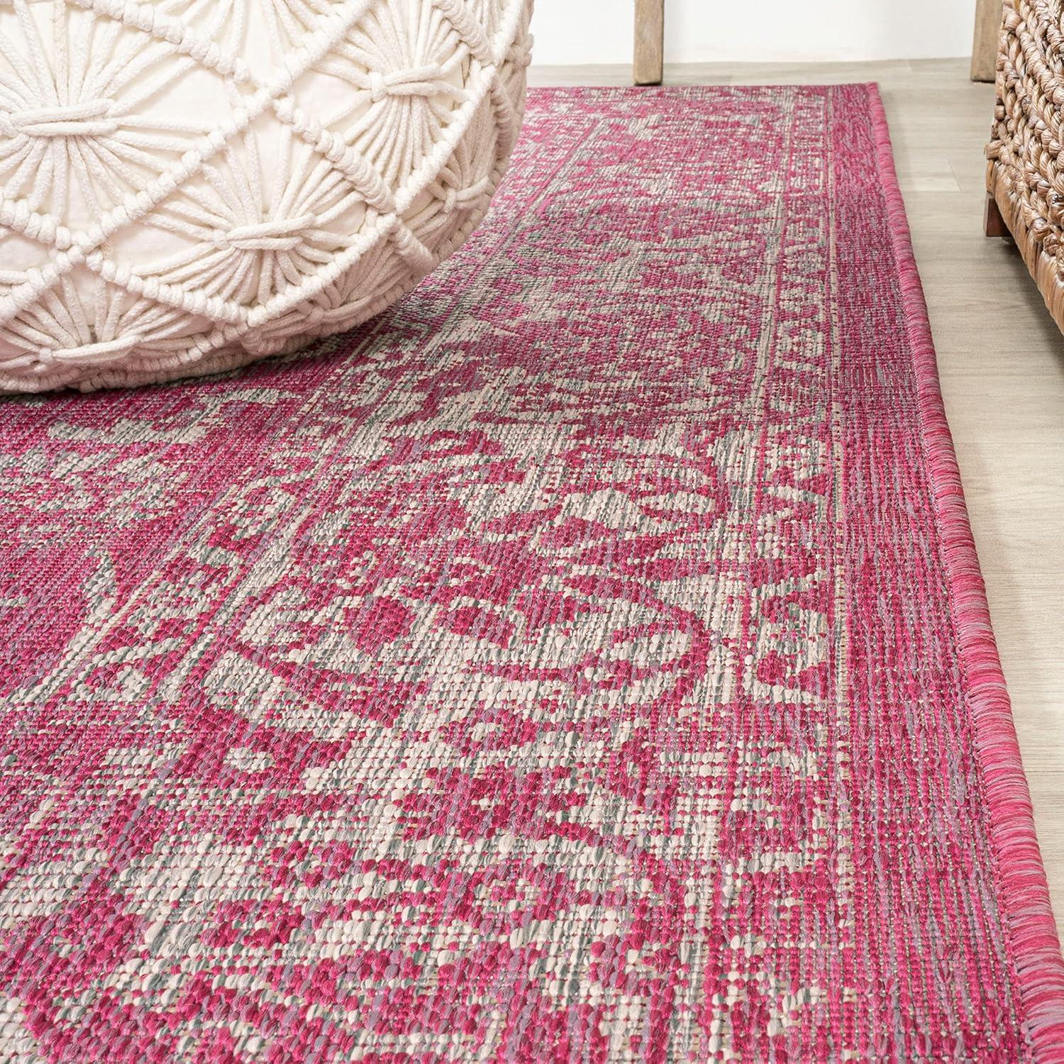 5' x 5' Tela Bohemian Inspired Textured Weave Floral Indoor/Outdoor Area Rug, Fuchsia/Light Gray - JONATHAN Y