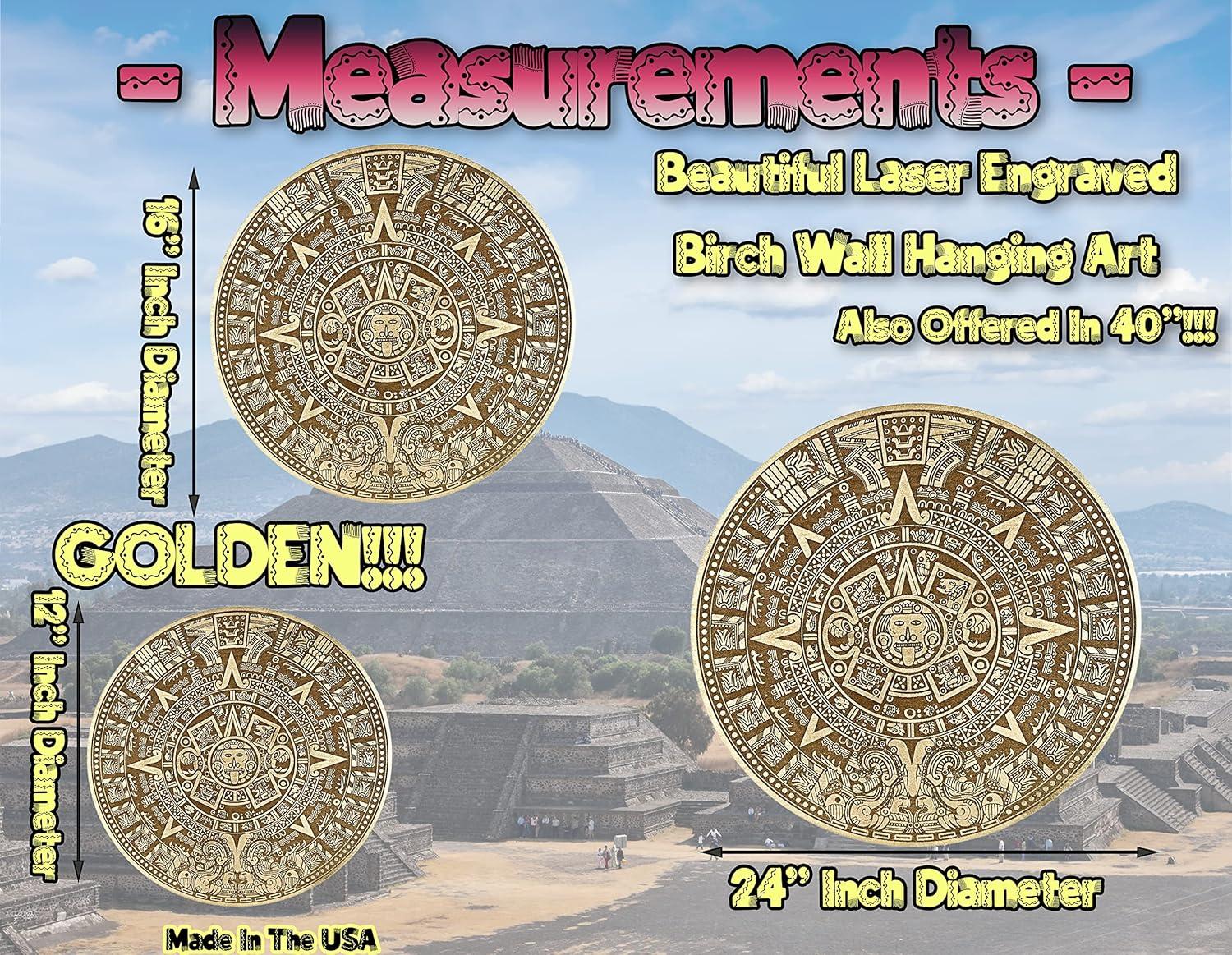 Urbalabs Wood Aztec Calendar Wall Decor 12" Inch Wall Hanging Mexico Aztec Calendar Mayan Calendar Cinco De Mayo Mexican Sun Azteca Calendario Laser Engraved Made In USA (12 Inch)
