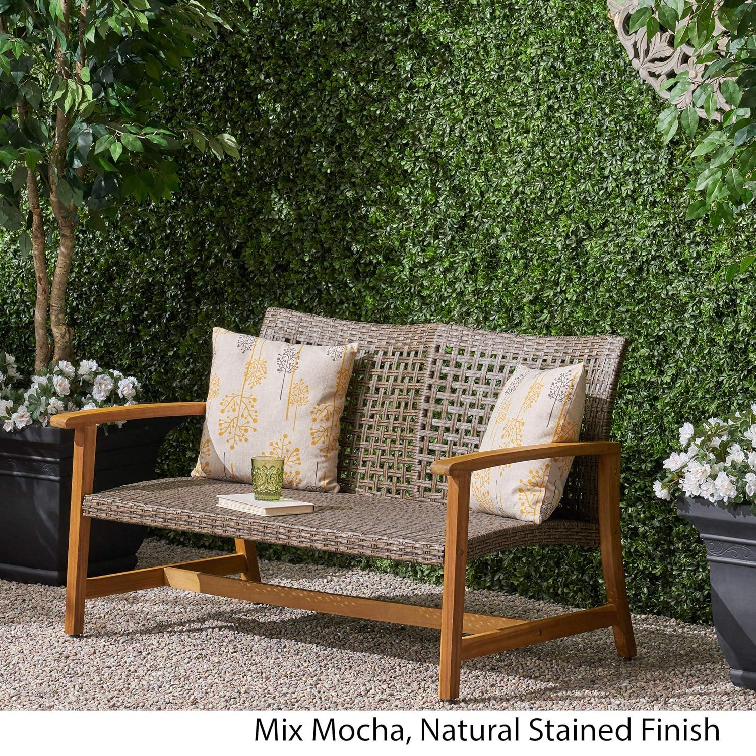 GDFStudio Jean Outdoor Acacia Wood and Wicker Loveseat, Brown/Gray