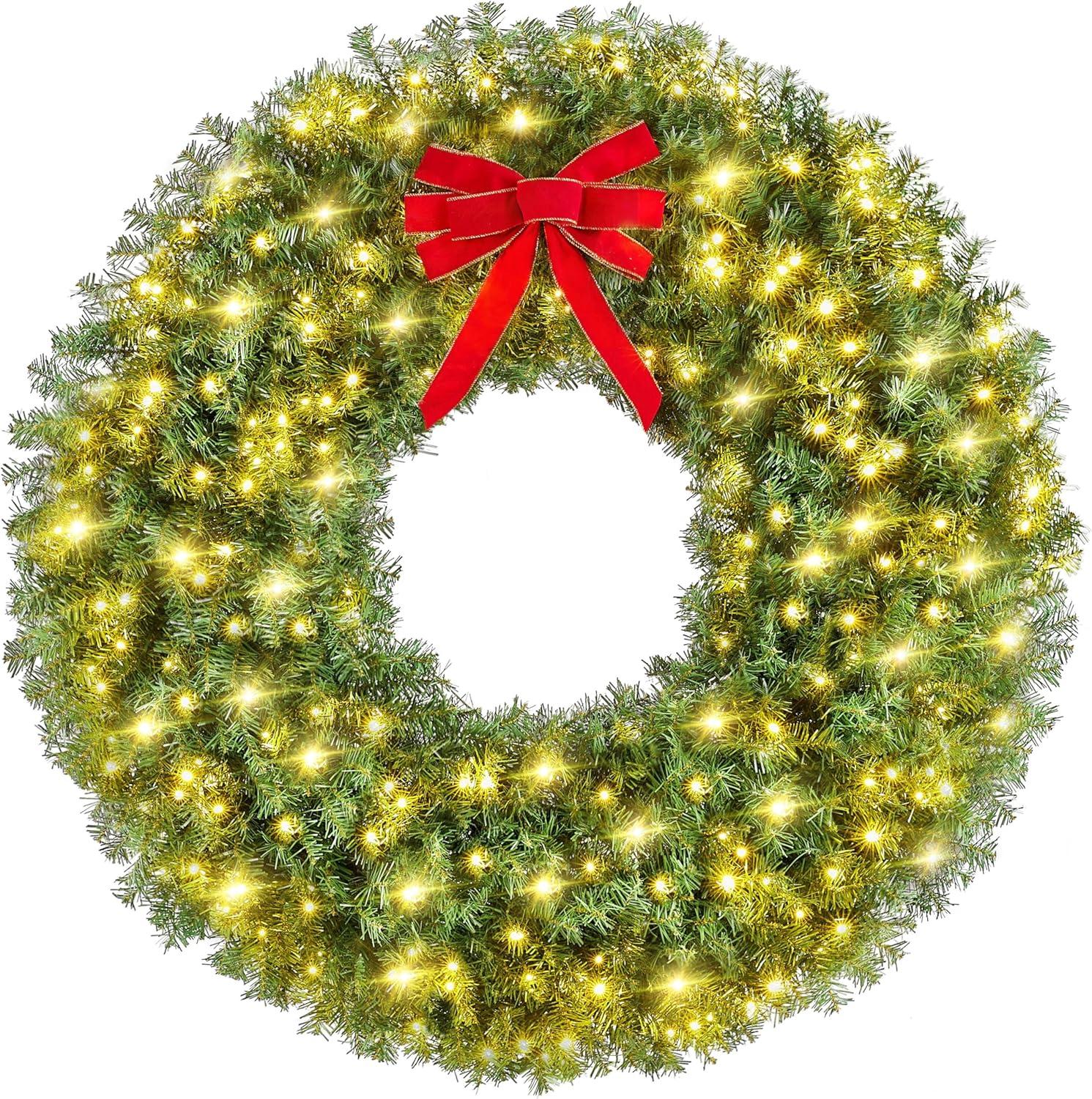 Green 60" Pre-Lit Artificial Christmas Wreath with Red Bow