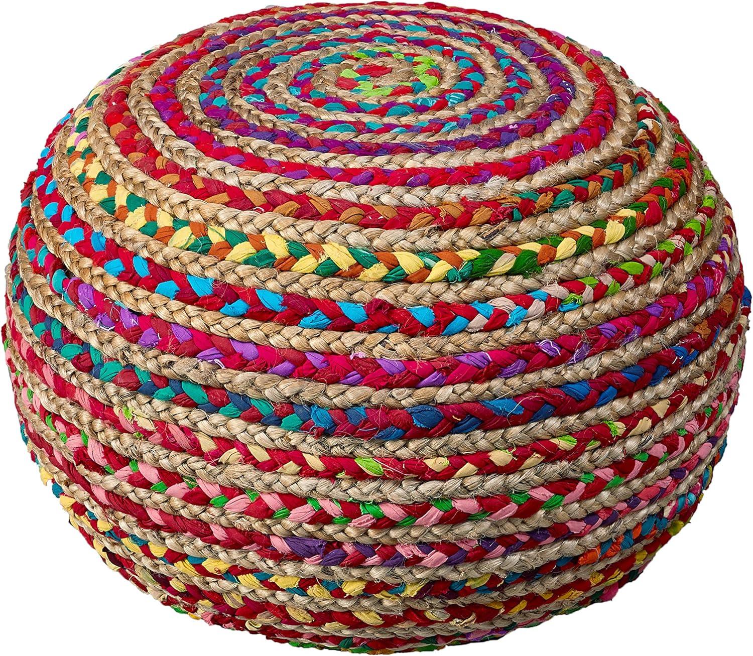 Boho Beauty Braided Jute and Cotton 20" Pouf, Multicolor