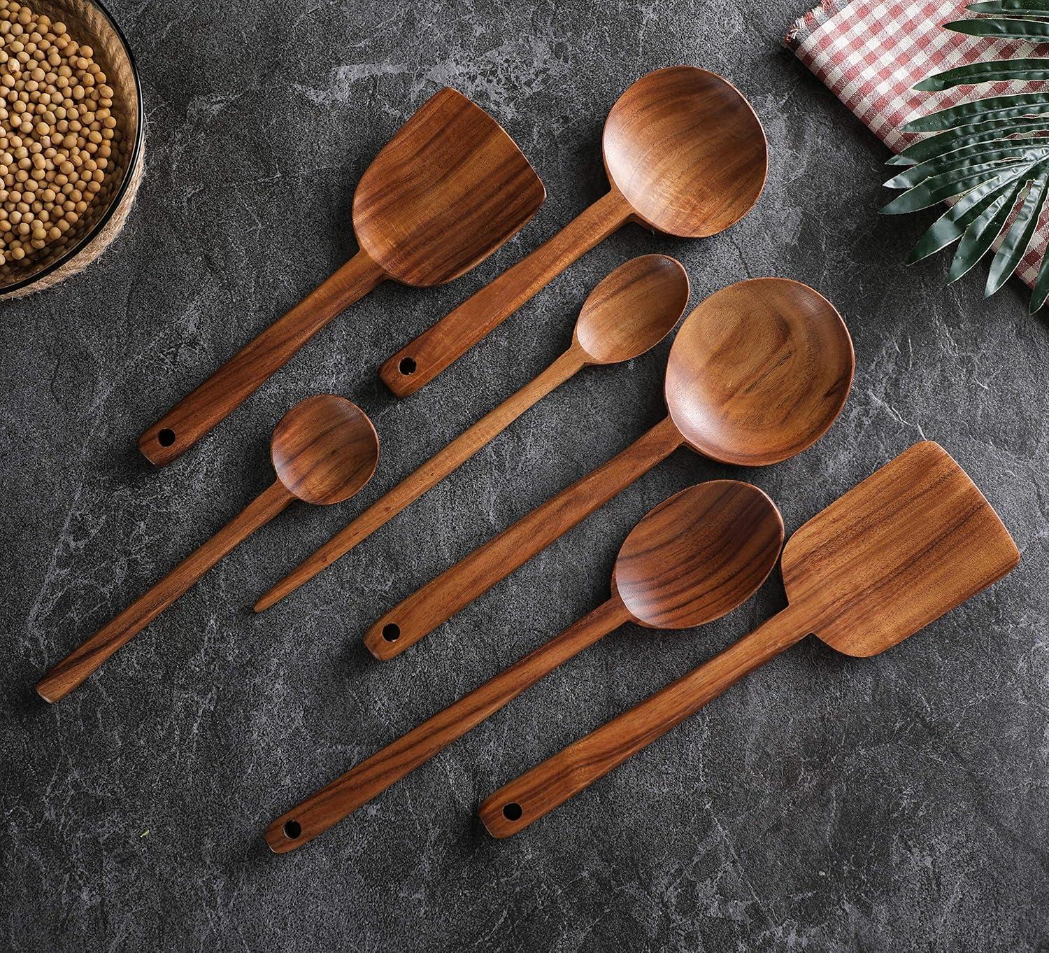 Teak Wood Long Handle Cooking Utensil Set, 7-Piece