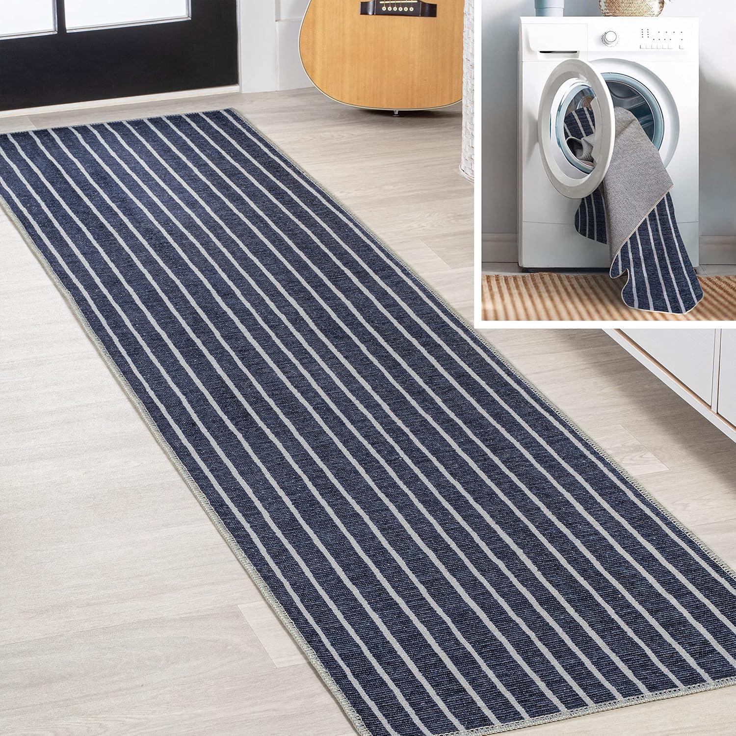 2' x 8' Rand Distressed Ticking Stripe Machine-Washable Runner Rug, Navy/Ivory - JONATHAN Y