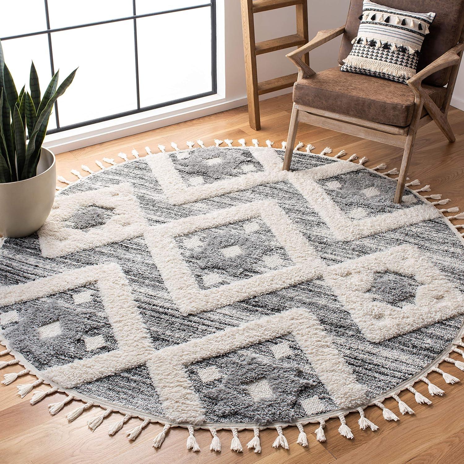Moroccan Tassel Shag MTS664 Power Loomed Indoor Area Rug - Grey/Ivory - 8' Round - Safavieh