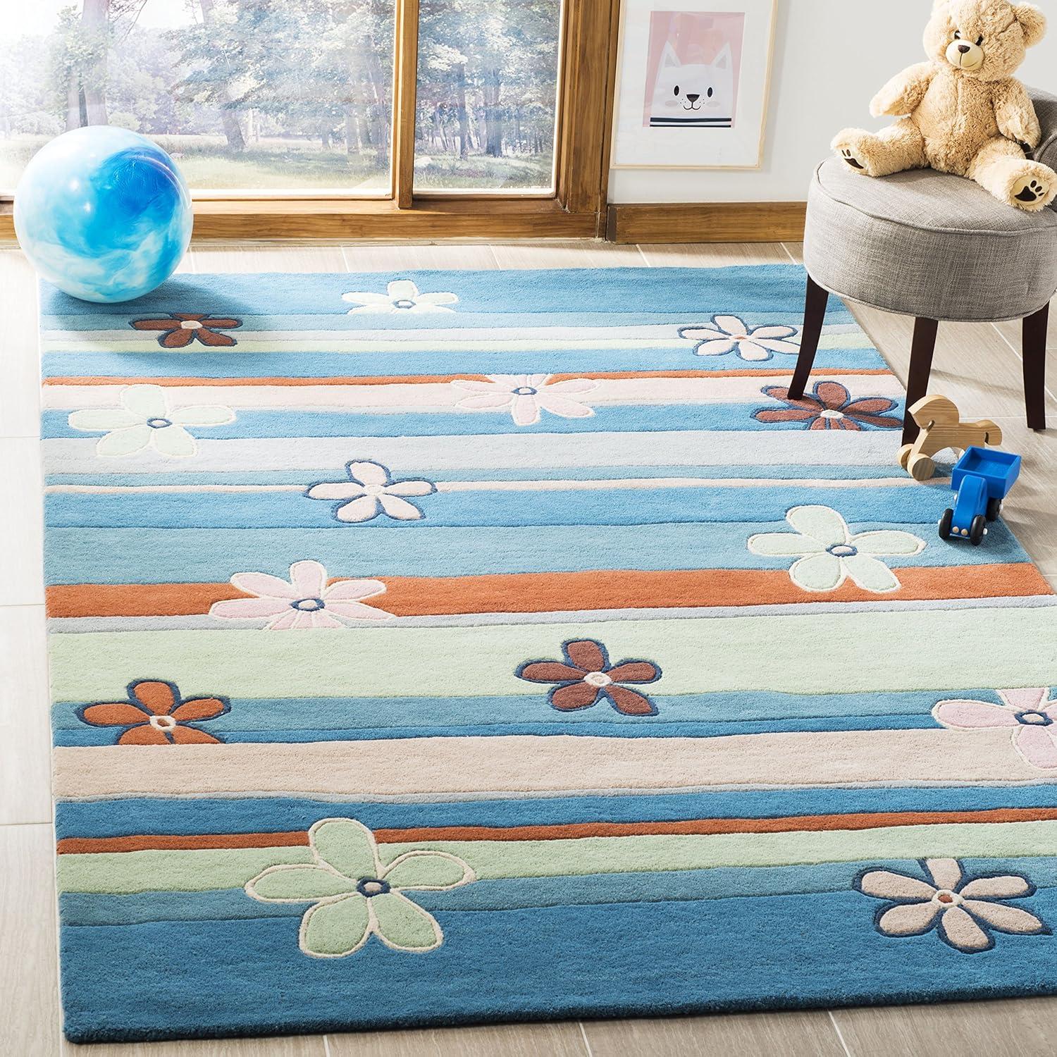 Blue Striped Floral Tufted Wool Kids Rug 4' x 6'