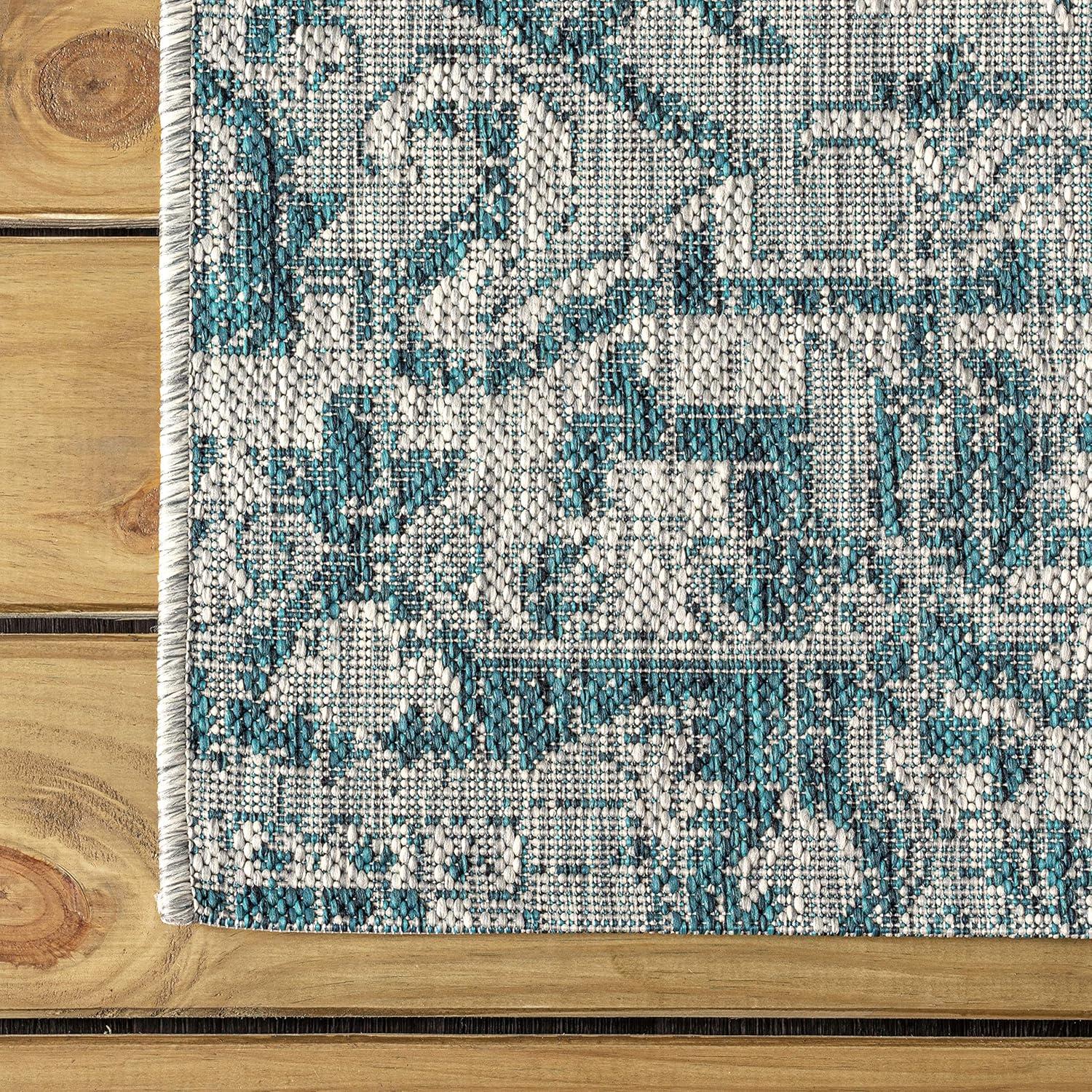 5' Square Estrella Bohemian Medallion Textured Weave Indoor/Outdoor Area Rug, Teal/Gray - JONATHAN Y