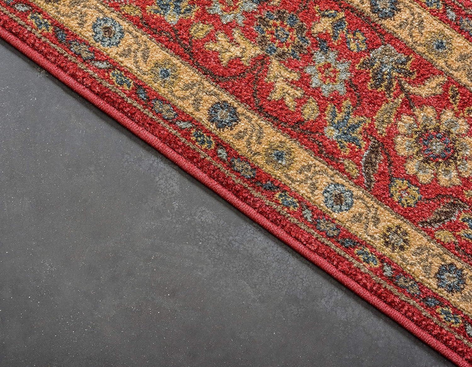 Red Floral Synthetic Rectangular Area Rug with Fringe