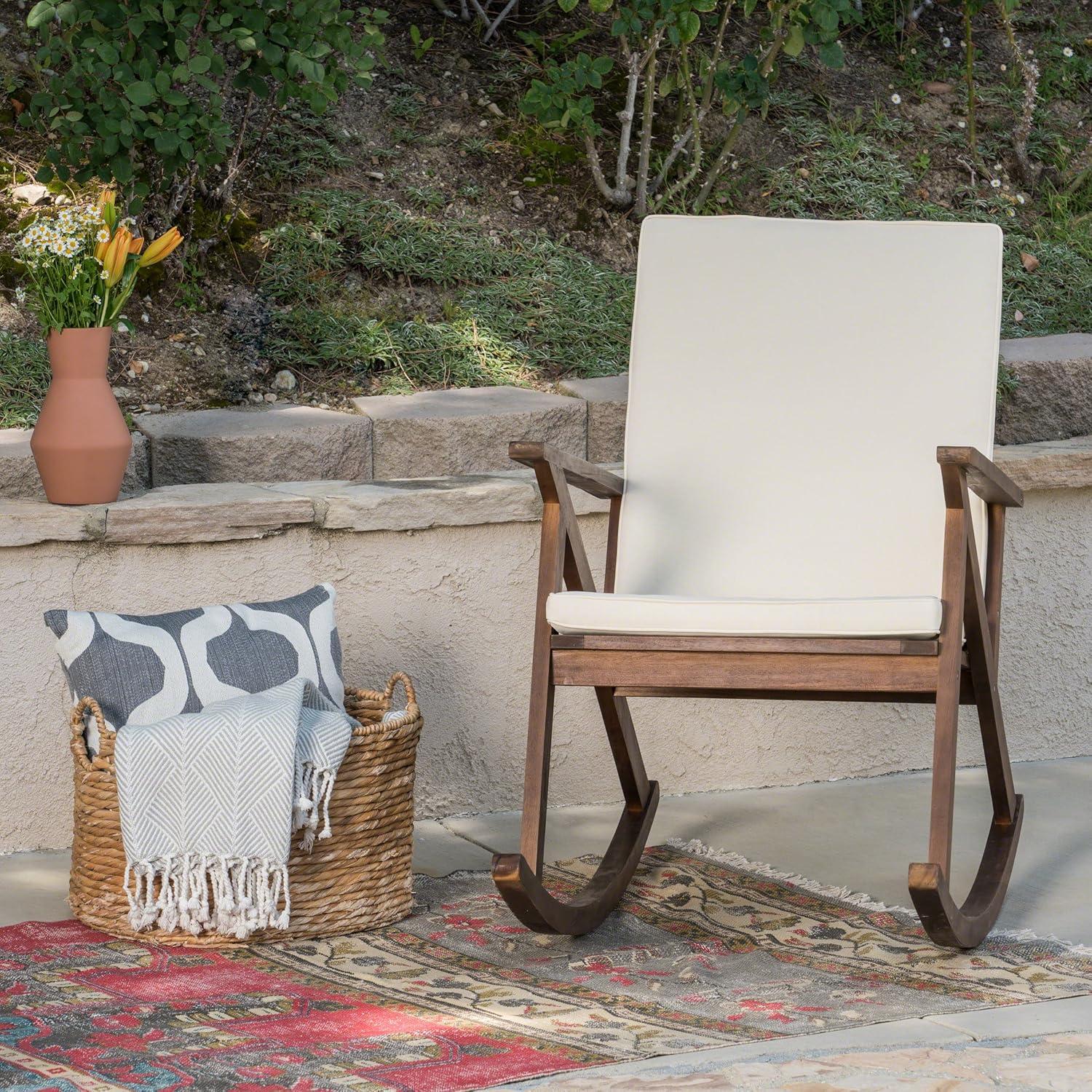 Louise Outdoor Acacia Wood Rocking Chair with Cushion, Dark Brown and Cream