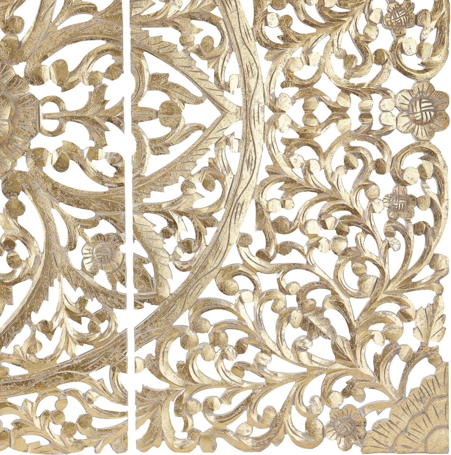 Gold Pinewood Hand-Carved Floral Wall Panels, Set of 3