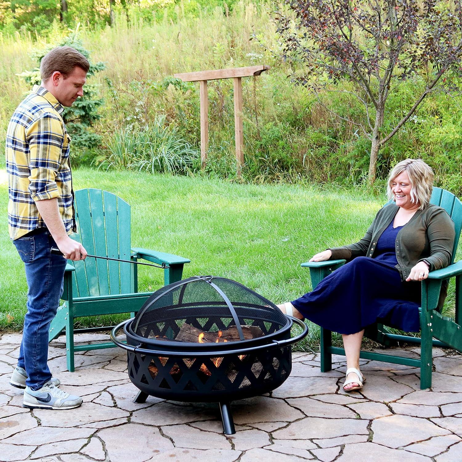 Sunnydaze Outdoor Camping or Backyard Round Crossweave Cut Out Fire Pit with Spark Screen, Log Poker, and Cover - 36"