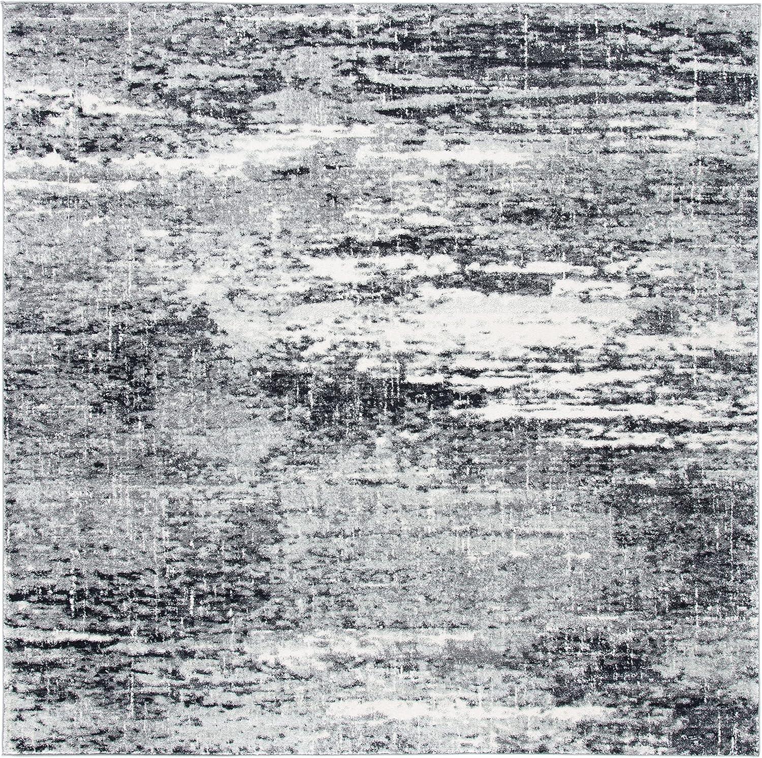 Ivory and Dark Grey Square Synthetic Hand-Knotted Rug