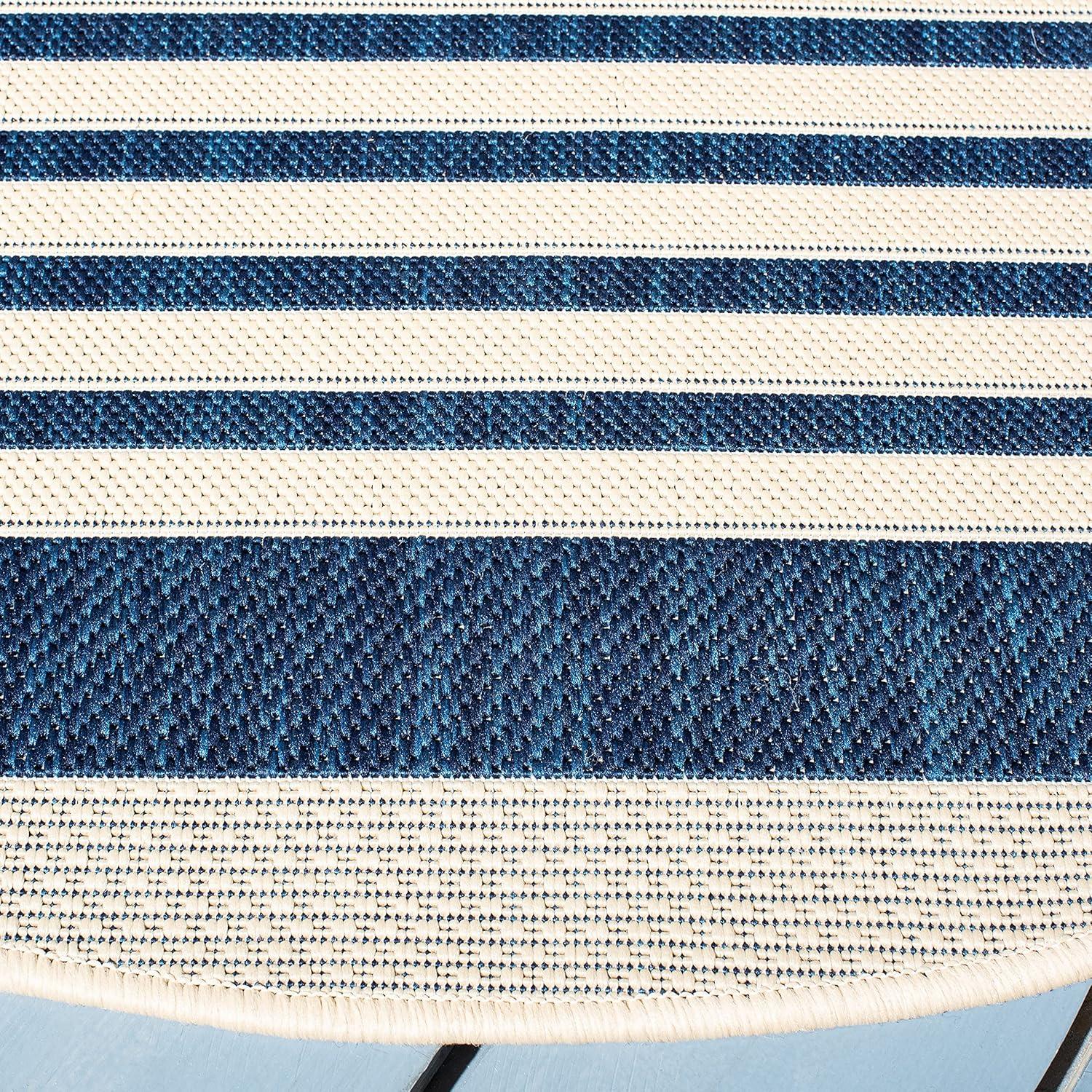 Navy Stripe 7'1" Round Synthetic Easy-Care Outdoor Rug