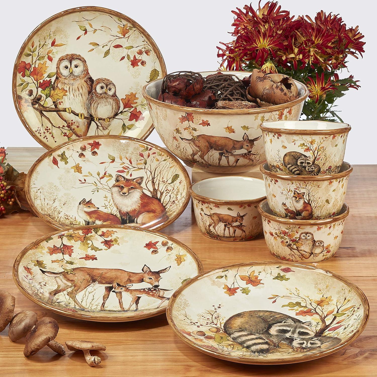 Pine Forest Ceramic Dinnerware Set with Forest Critters, Service for 4