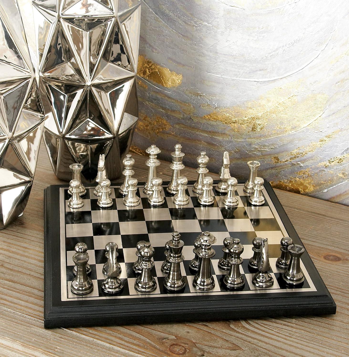 DecMode 12" x 1" Black Aluminum Metal Chess Game Set with Black and Silver Pieces, 1-Piece