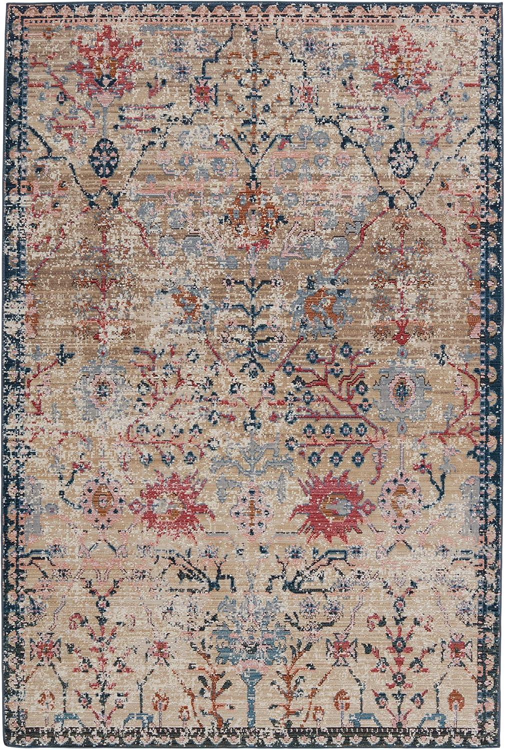 Tan and Blue Synthetic 8' x 10' Rectangular Area Rug