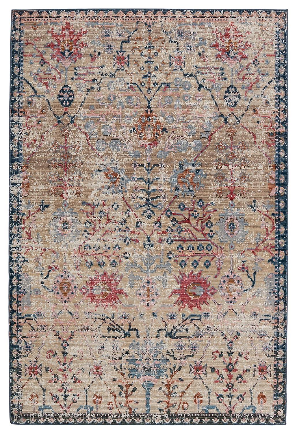 Tan and Blue Synthetic 8' x 10' Rectangular Area Rug