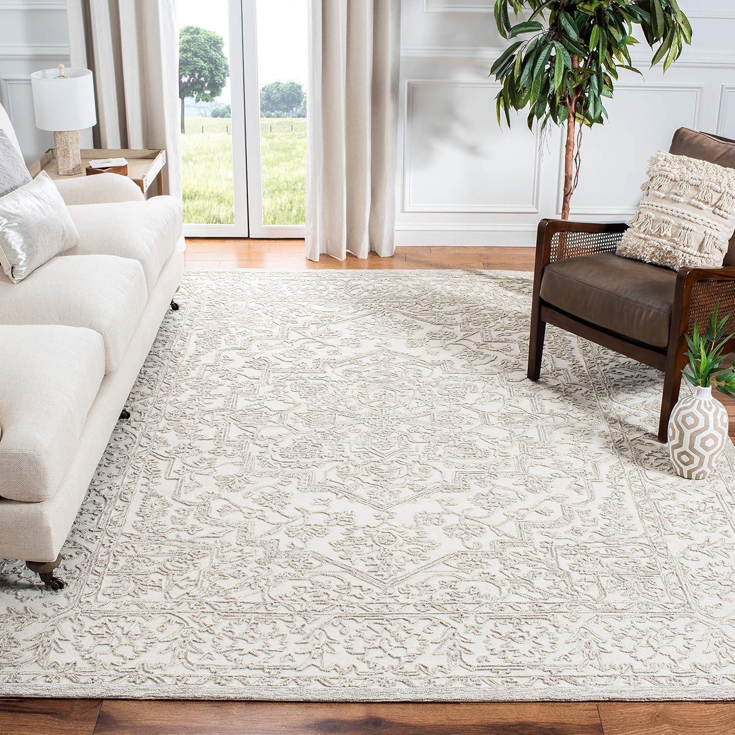 Ivory Hand-Tufted Wool Square Area Rug, 6' x 6'